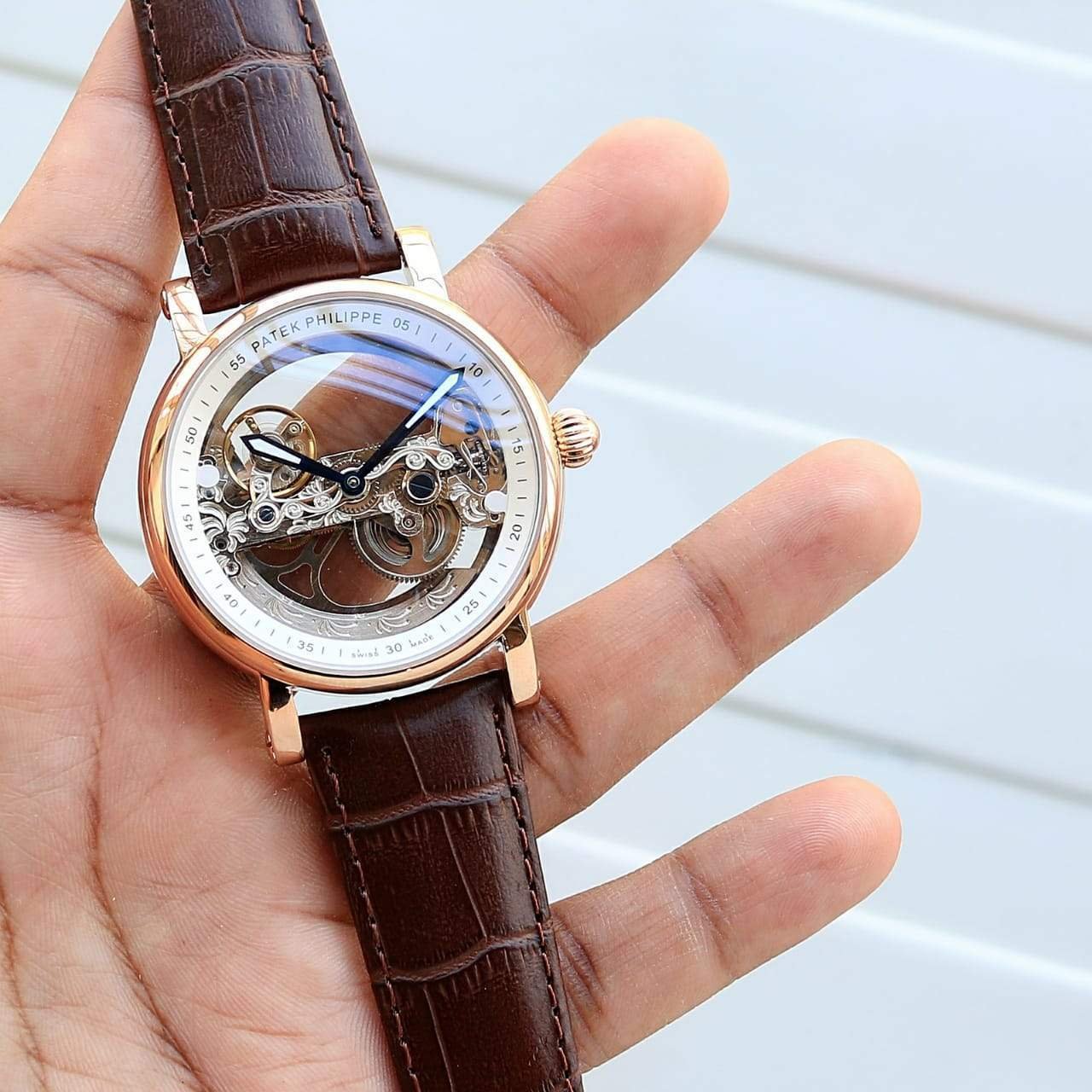 Automatic Rose Gold Transparent Dial Leather Strap Patek Philippe Watch