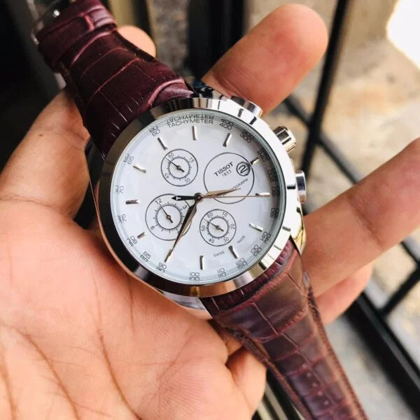 Tissot Brown Leather Strap Silver Bezel Watch For Men