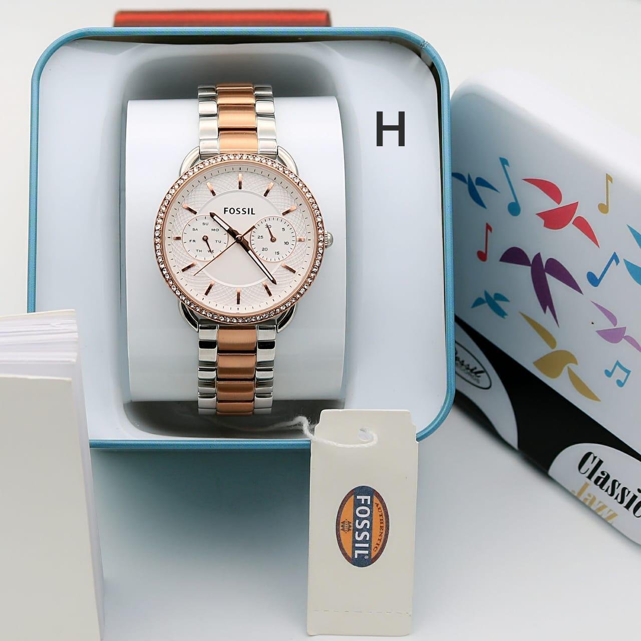 Fossil White Dial Silver And Rose Gold Metal Belt Women’s Watch