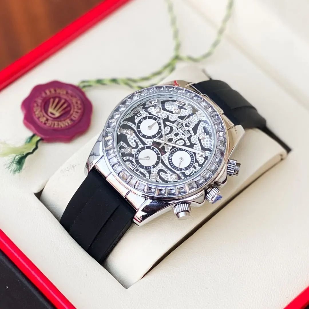 Rolex Diamond Studded Black Leather Belt Watch For Men