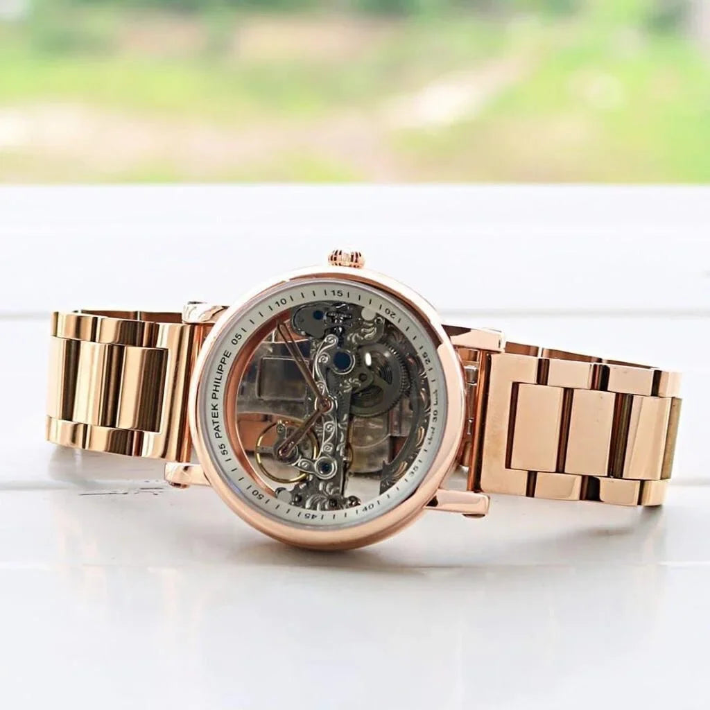 Branded Watch Automatic Rose Gold Transparent Dial Bracelet Patek Philippe Watch