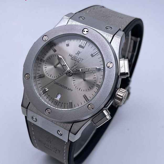 Hublot Grey Dial Chronograph Analog Quartz Leather Belt Men's Watch