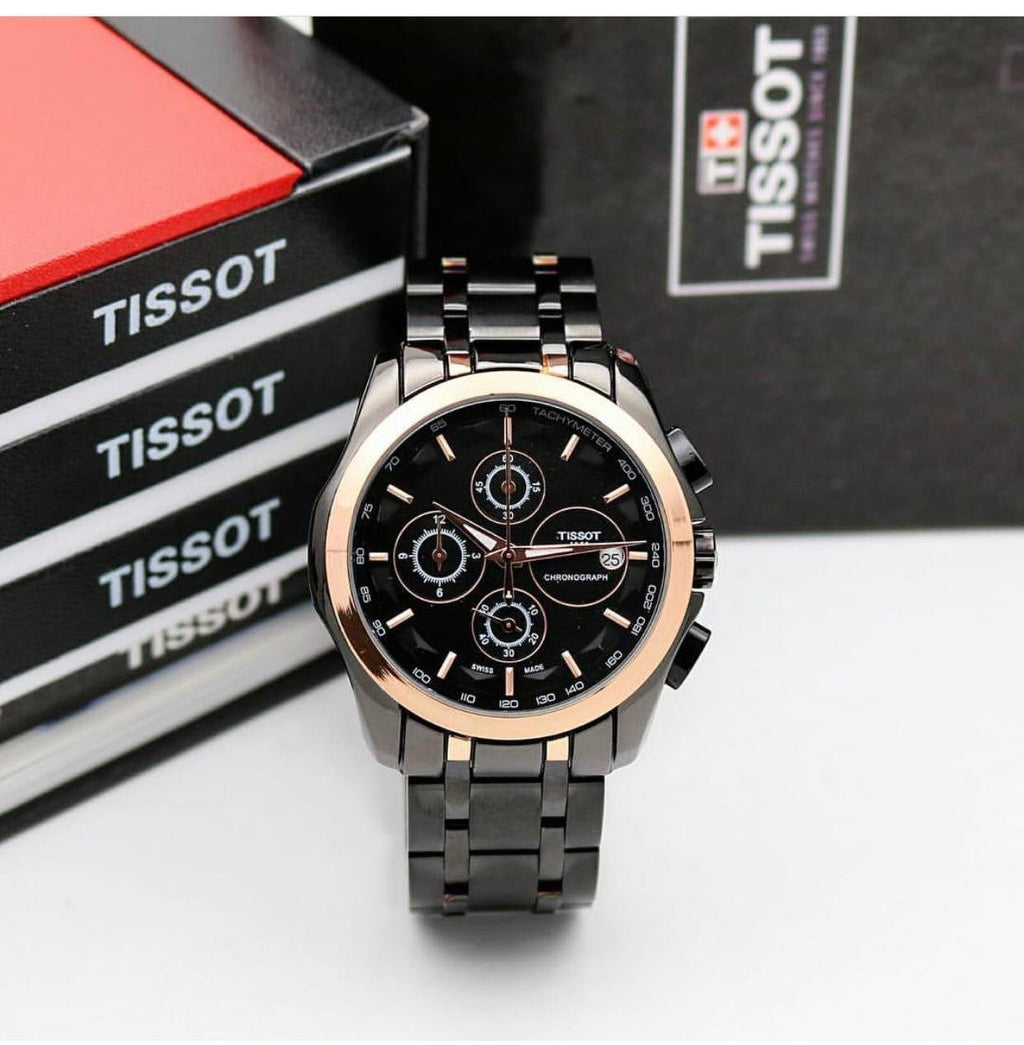 Luxurious Tissot Gold Bezel Black Metal Belt Chronograph Men's Watch