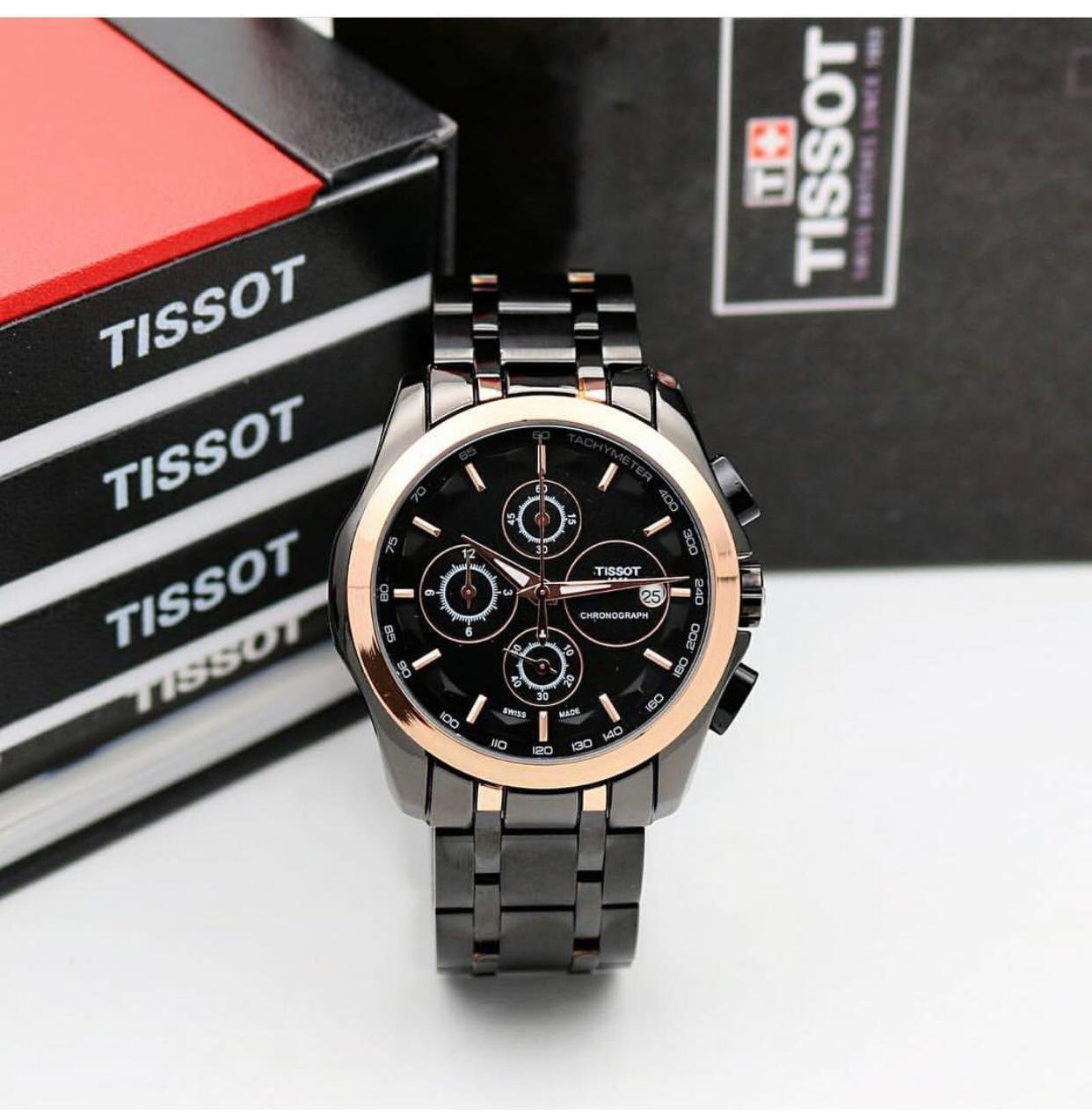 Luxurious Tissot Gold Bezel Black Metal Belt Chronograph Men's Watch