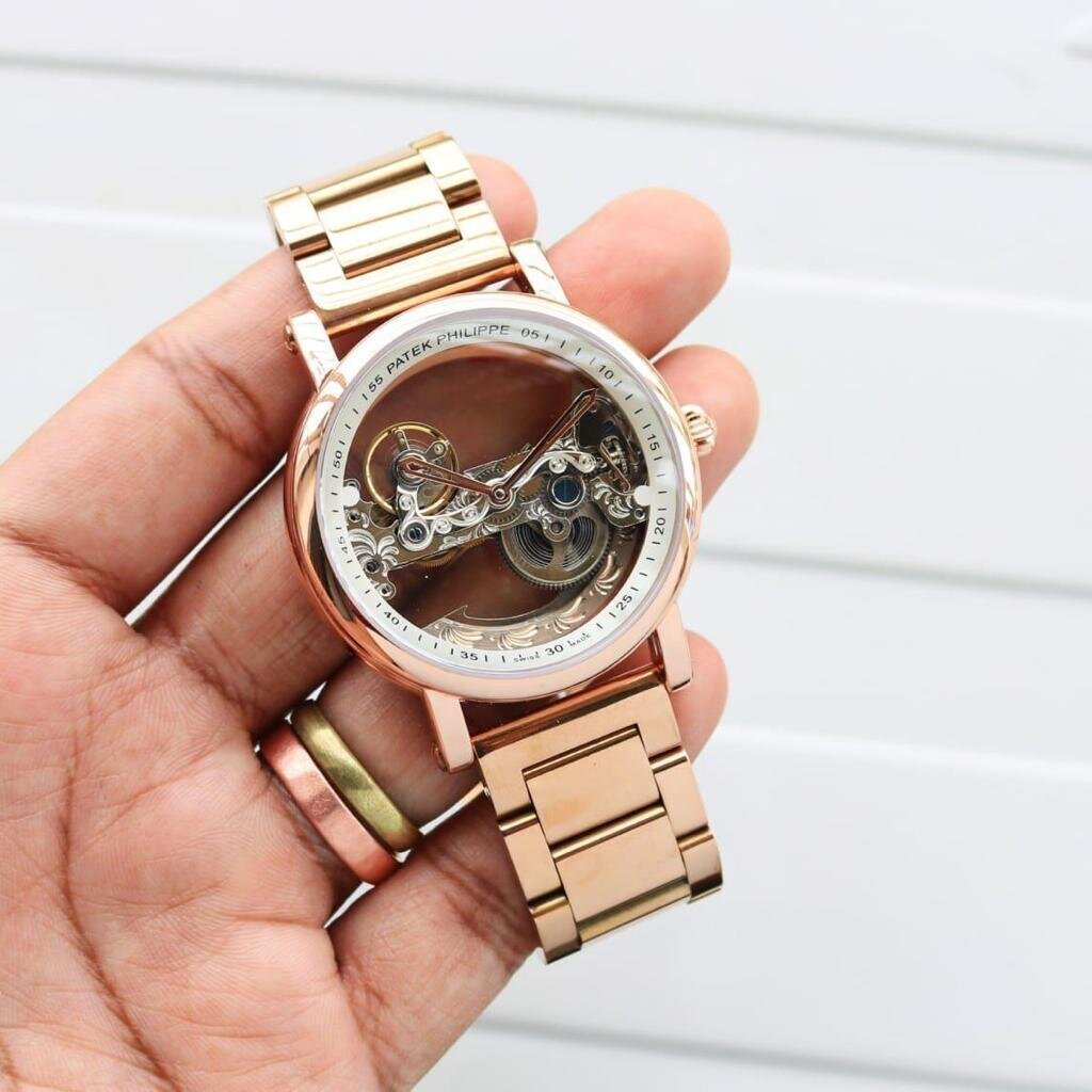Branded Watch Automatic Rose Gold Transparent Dial Bracelet Patek Philippe Watch