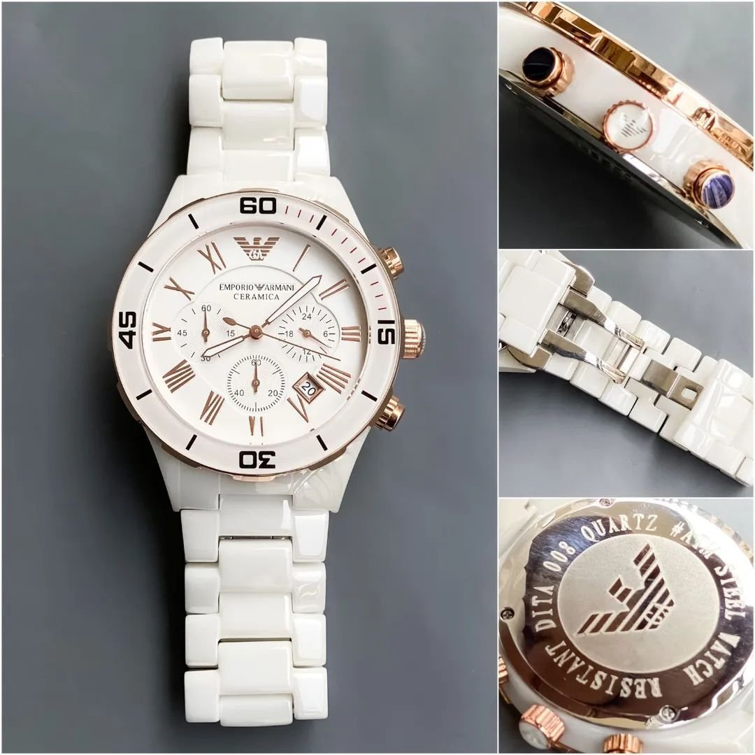Emporio Armani Ceramica White Metal Belt Chronograph Watch For Men