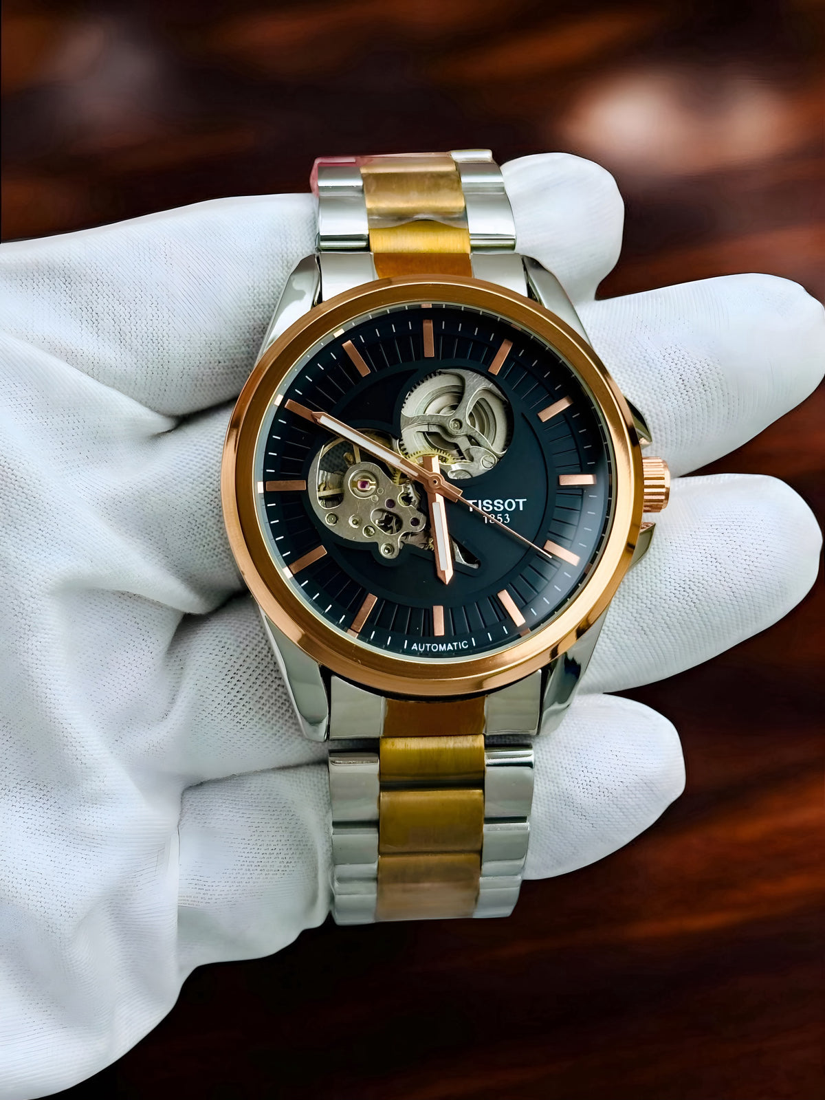 Tissot Men's Automatic Black Rose & Silver Skeleton Watch