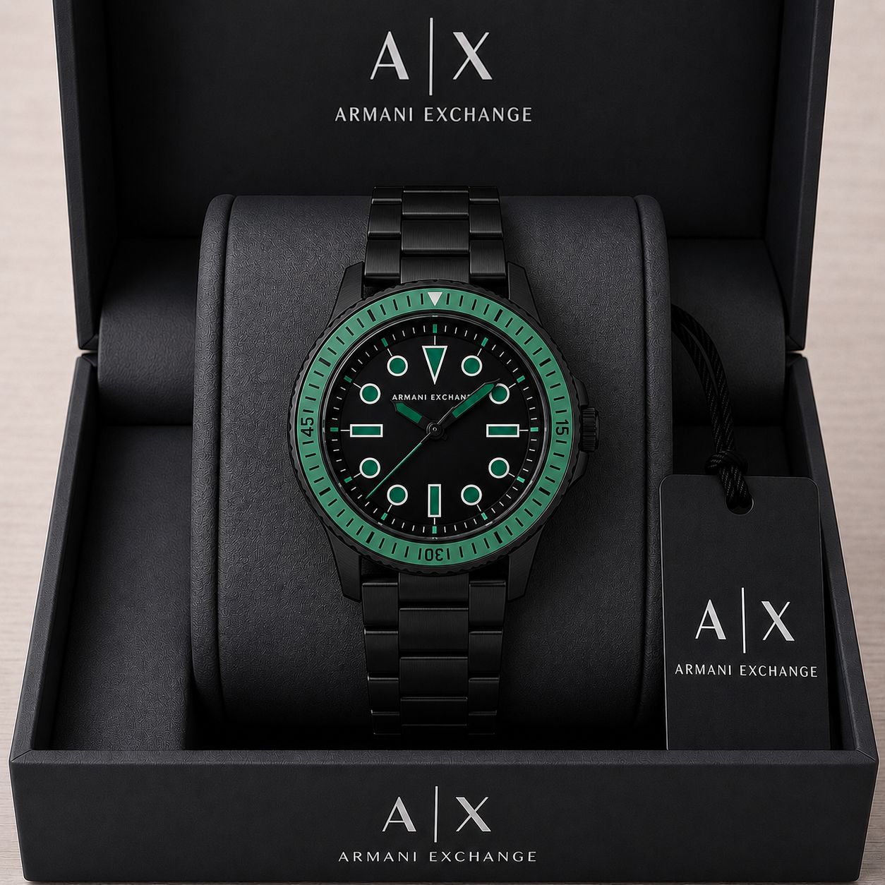 Armani Exchange Black Metal Strap Green Bezel Men's Watch