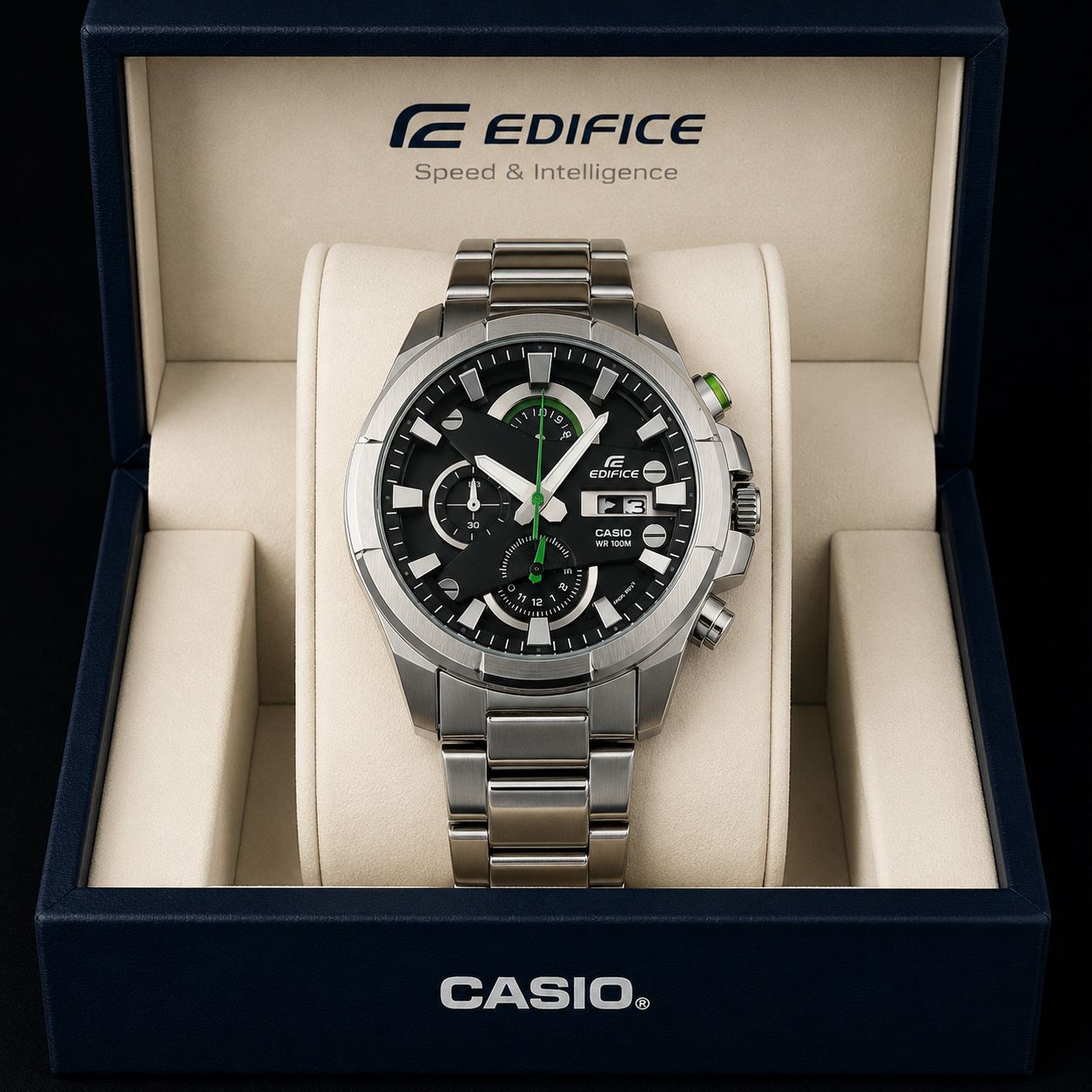 Casio Edifice Black Dial Silver Metal Strap Men's Watch