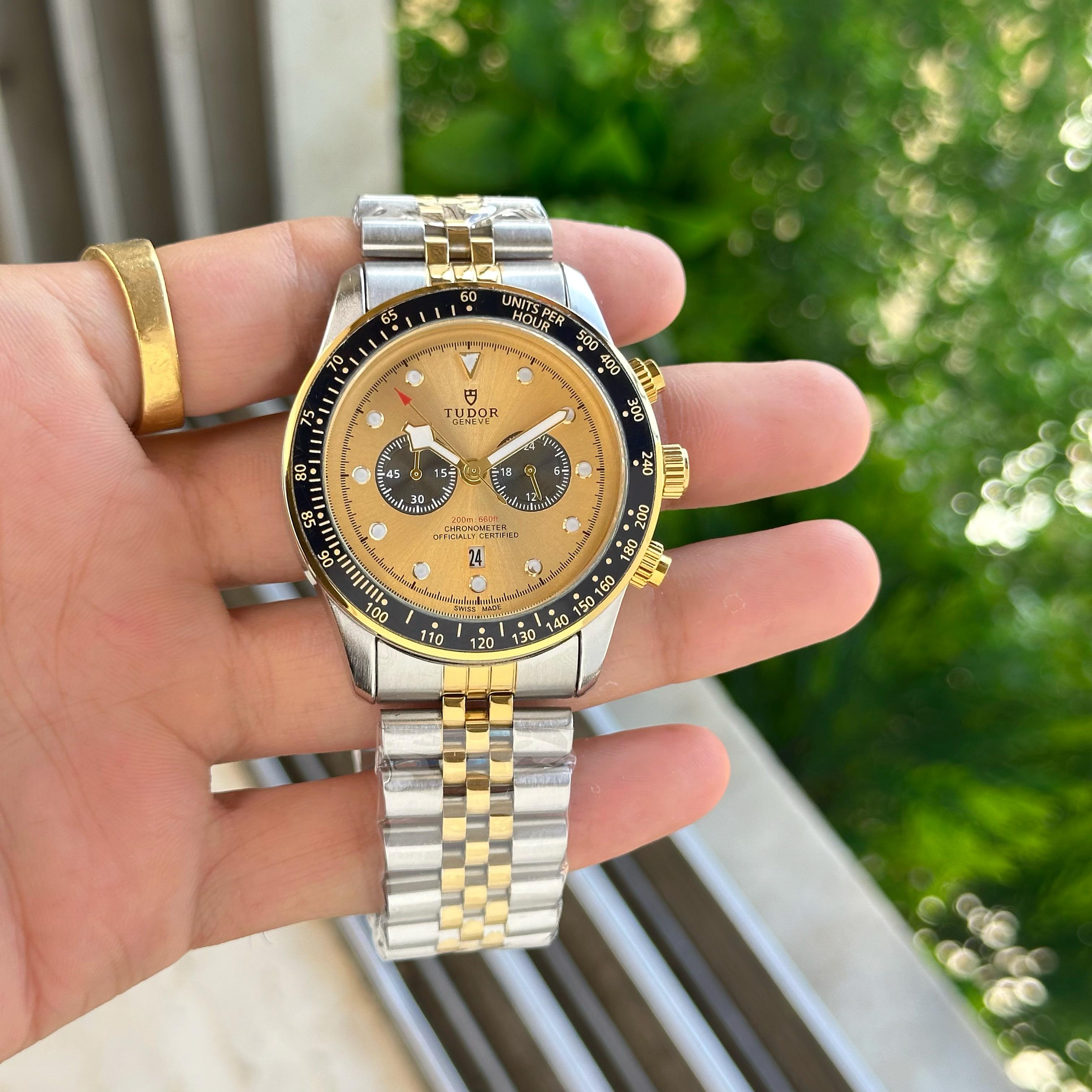 Tudor Geneve Luxury Men's Stainless Steel Watch With Gold Dial