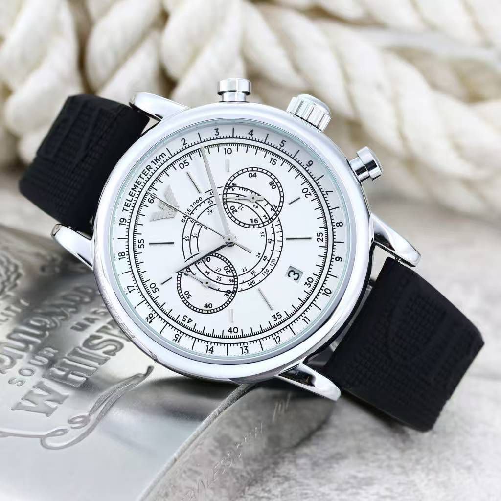 Emporio Armani Men's Elegant White Dial Chronograph Watch with Black Strap