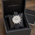 Emporio Armani Men's Elegant White Dial Chronograph Watch with Black Strap