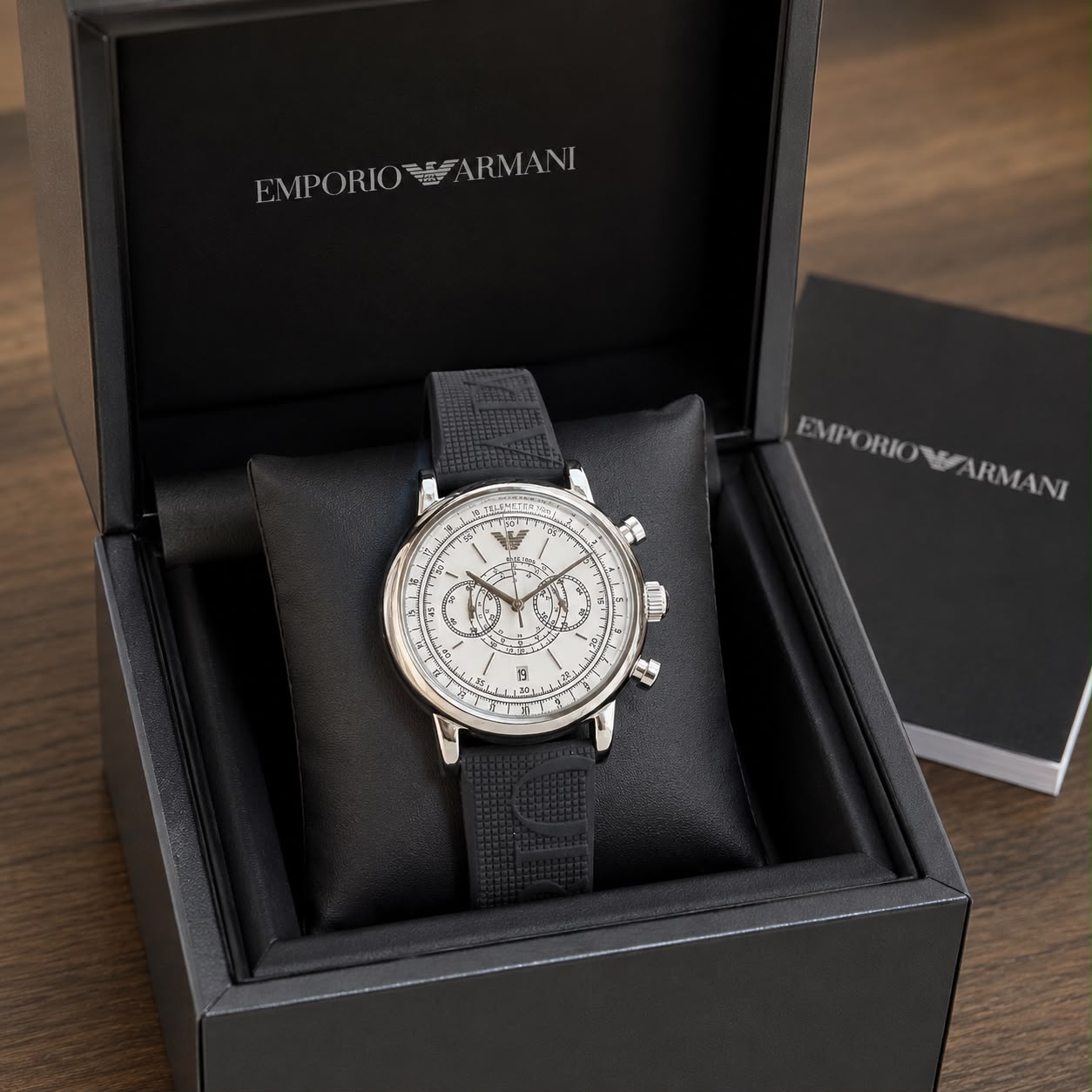Emporio Armani Men's Elegant White Dial Chronograph Watch with Black Strap