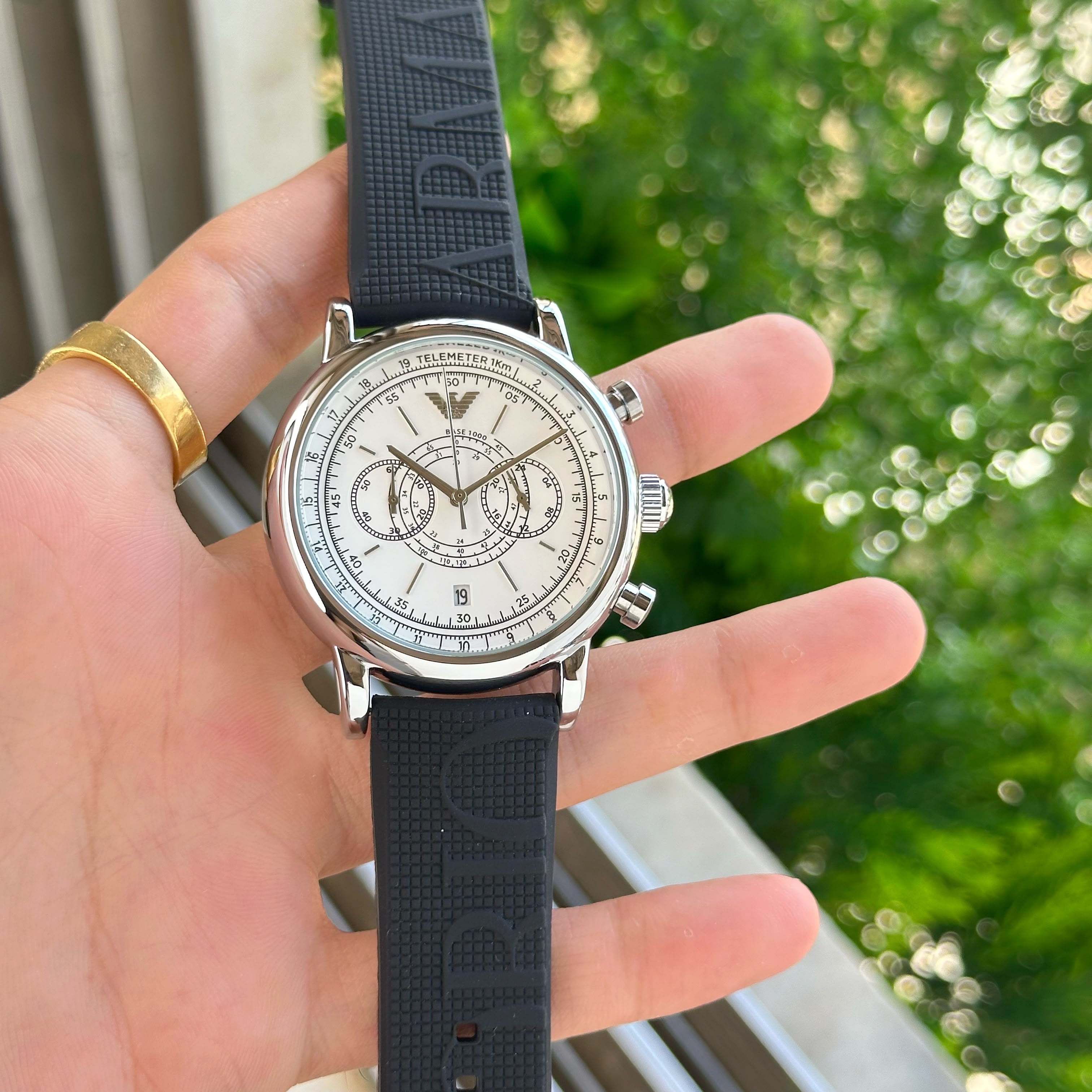 Emporio Armani Men's Elegant White Dial Chronograph Watch with Black Strap
