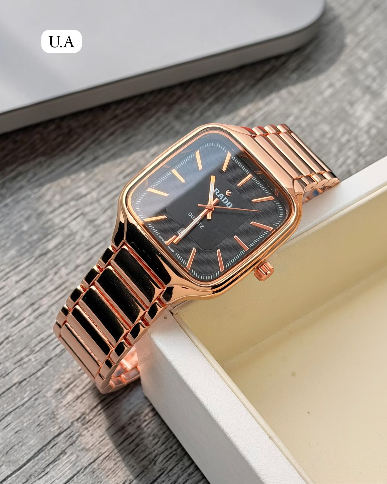 Rado Black Dial Rose Gold Quartz Square Watch