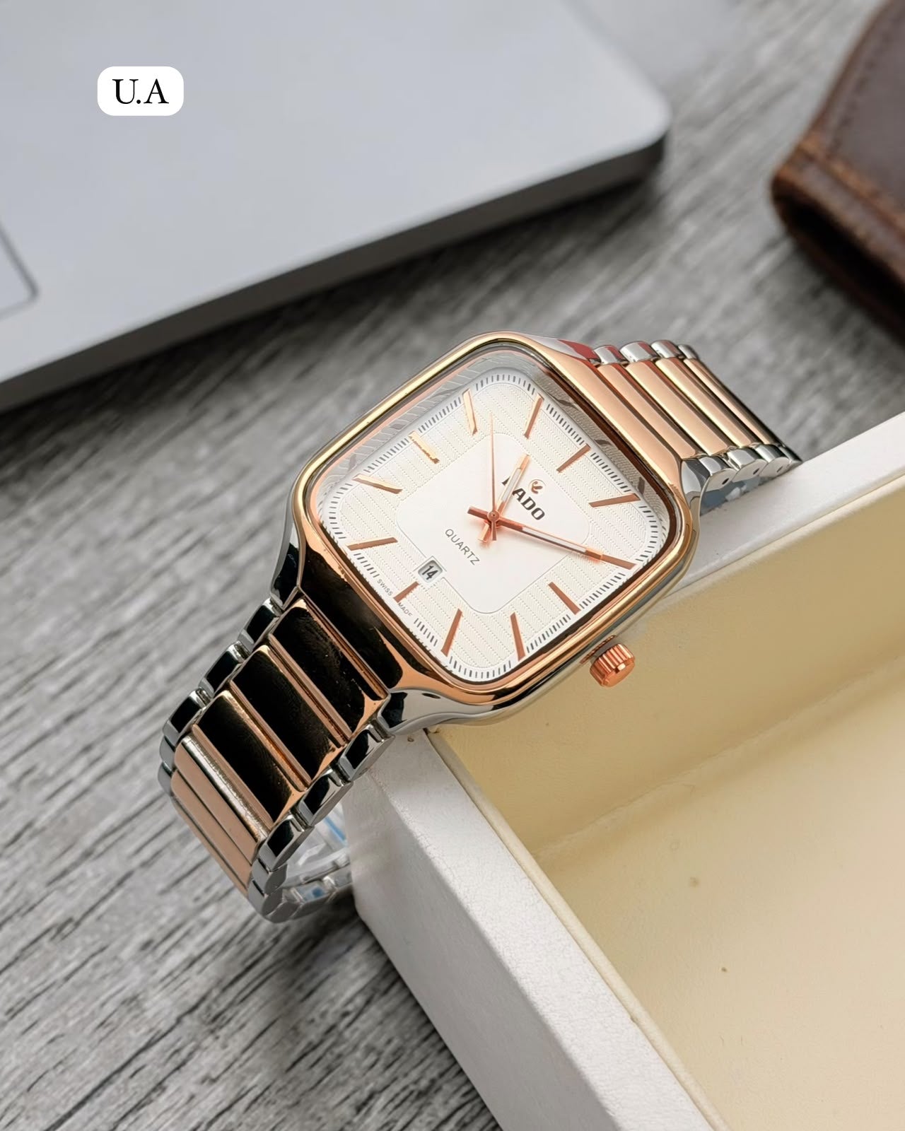 Rado White Dial Rose Gold Two-Tone Quartz Square Watch