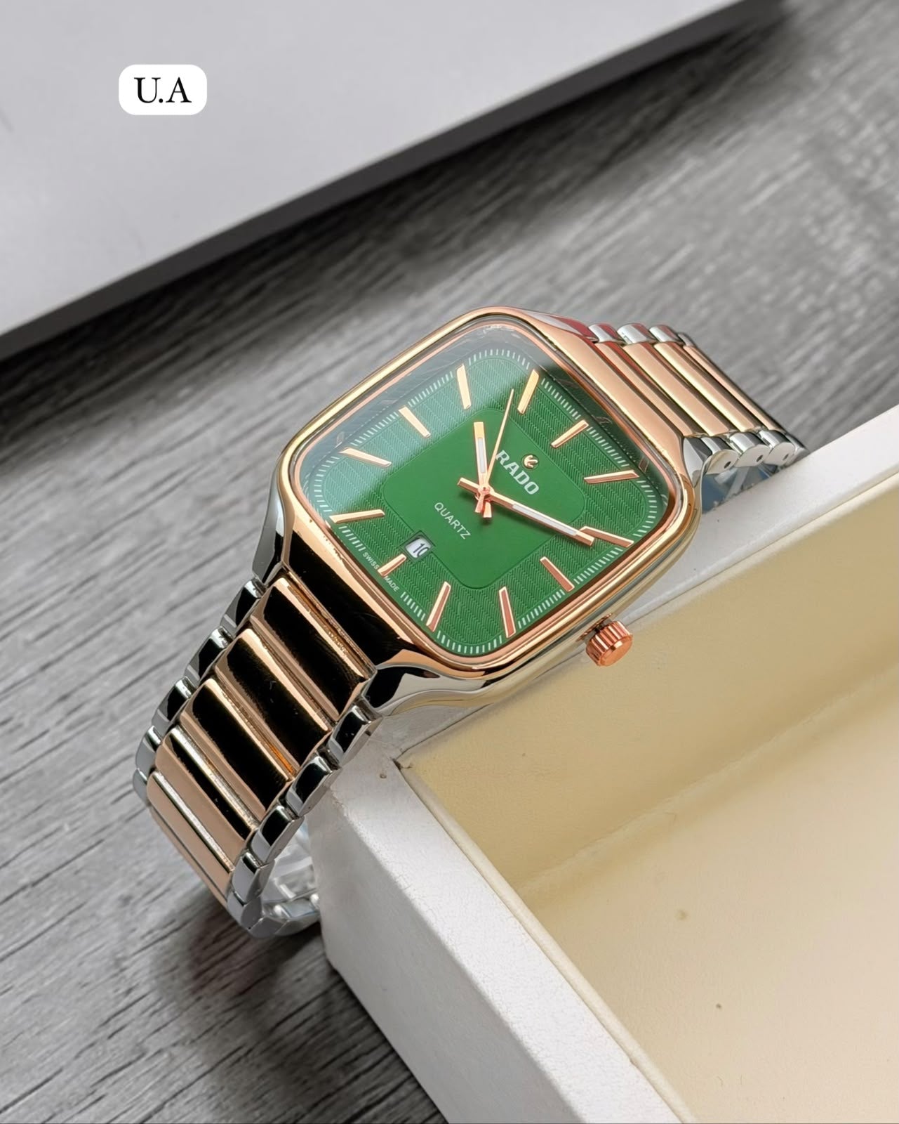 Rado Green Dial Rose Gold Two-Tone Quartz Square Watch
