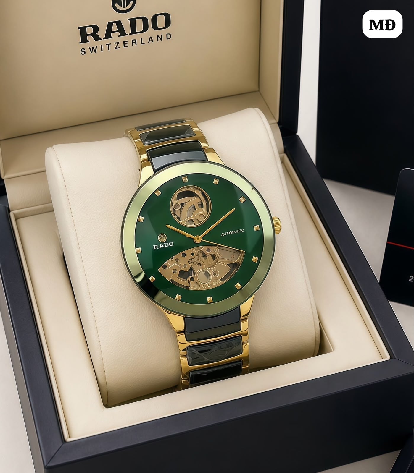 Rado Green Dial Gold & Black Ceramic Automatic Skeleton Watch