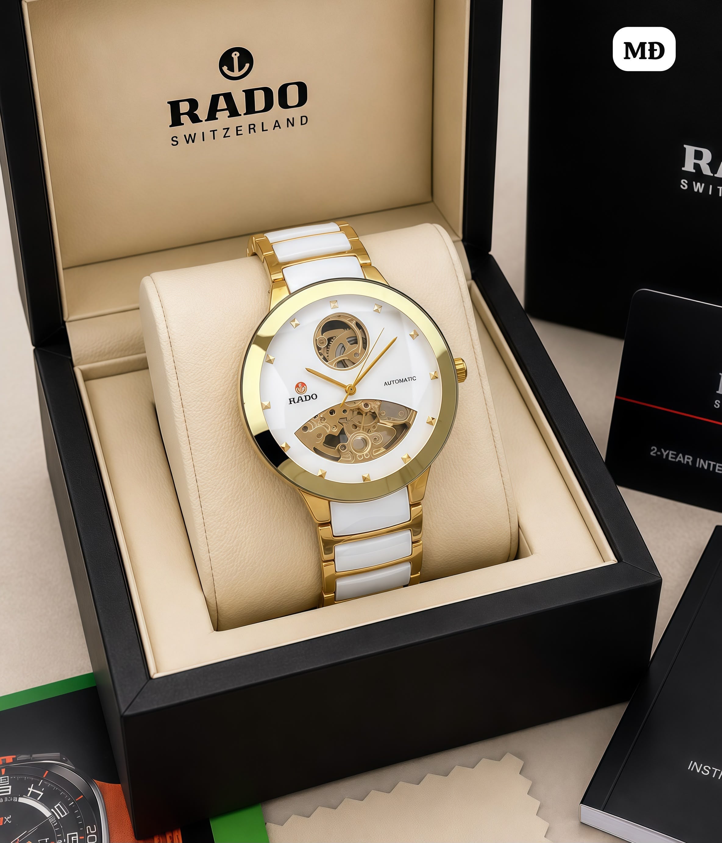 Rado White Dial Gold & White Ceramic Automatic Skeleton Watch