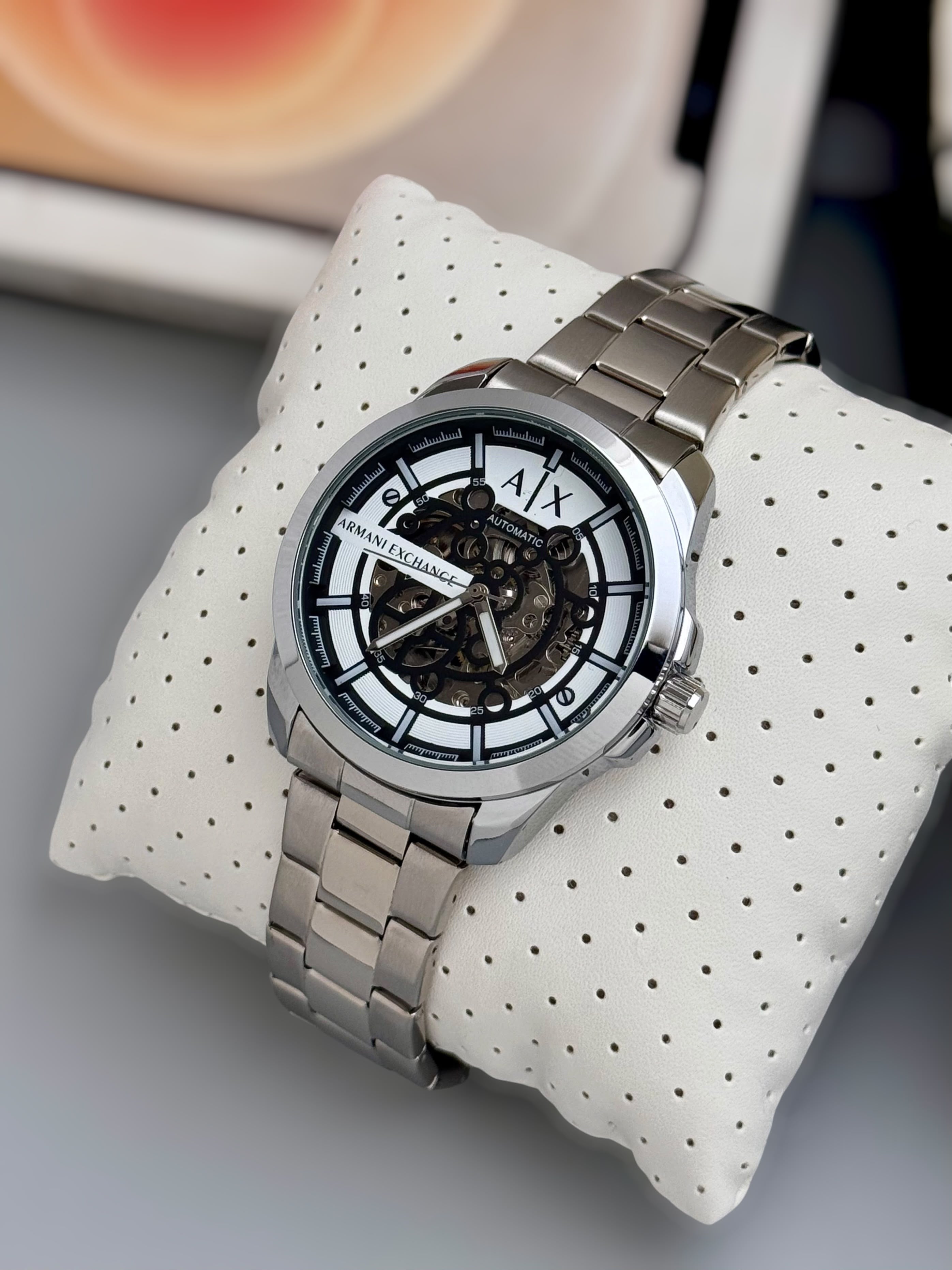 Armani Exchange White Skeleton Dial Silver Stainless Steel Automatic Watch