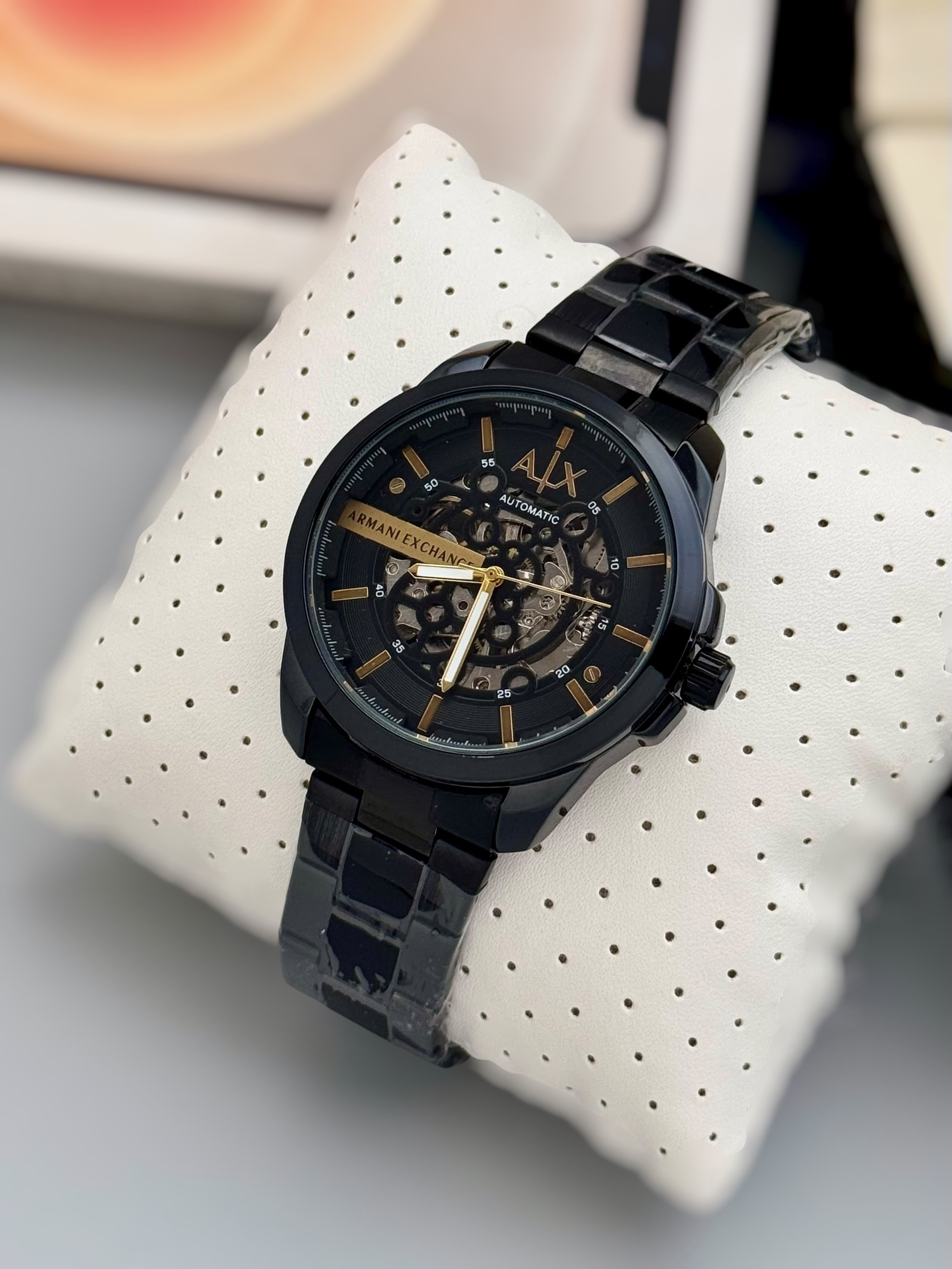 Armani Exchange Black Skeleton Dial Black Stainless Steel Automatic Watch