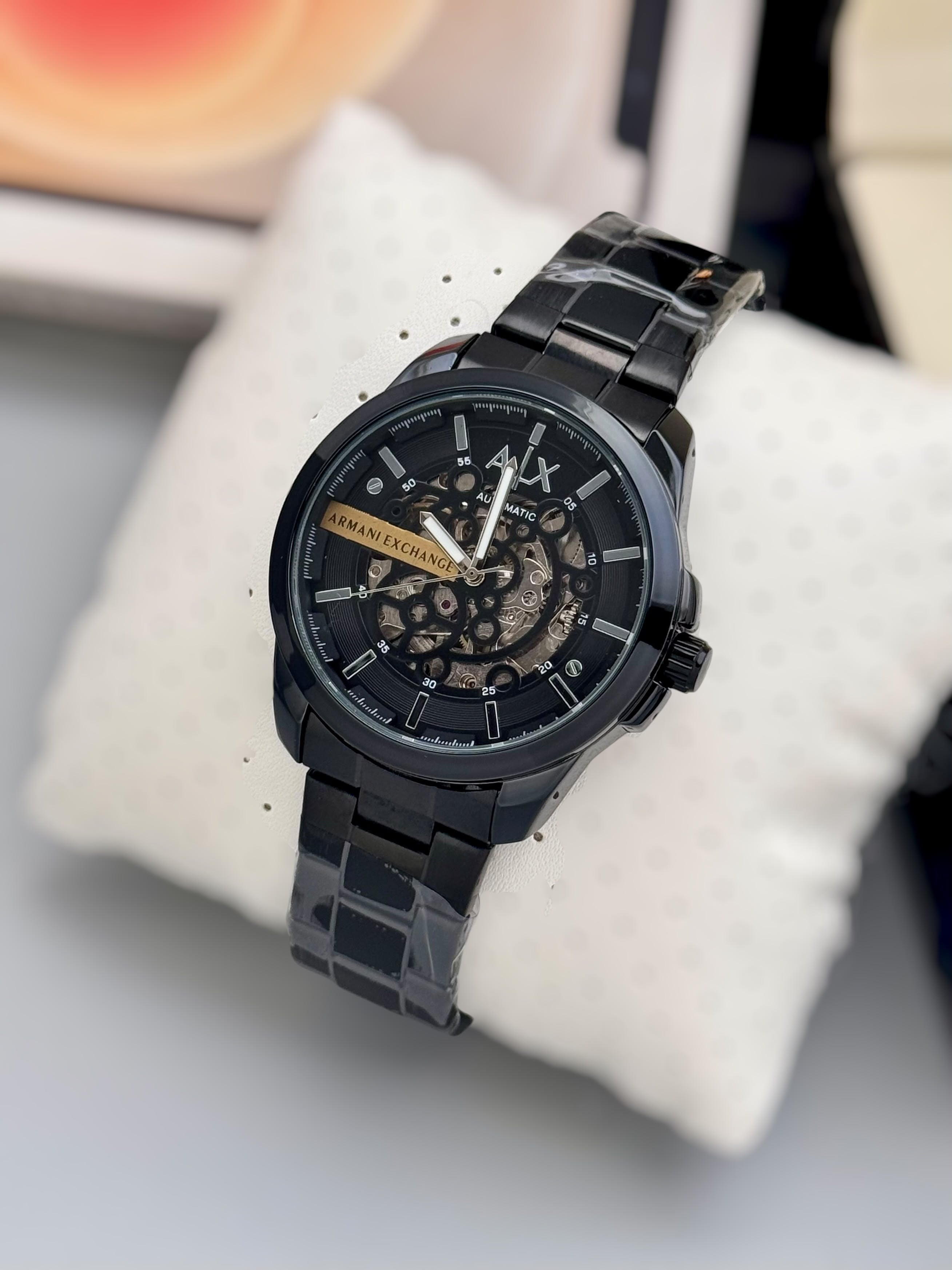 Armani Exchange Black Skeleton Dial Black Stainless Steel Automatic Watch (Silver Markers)