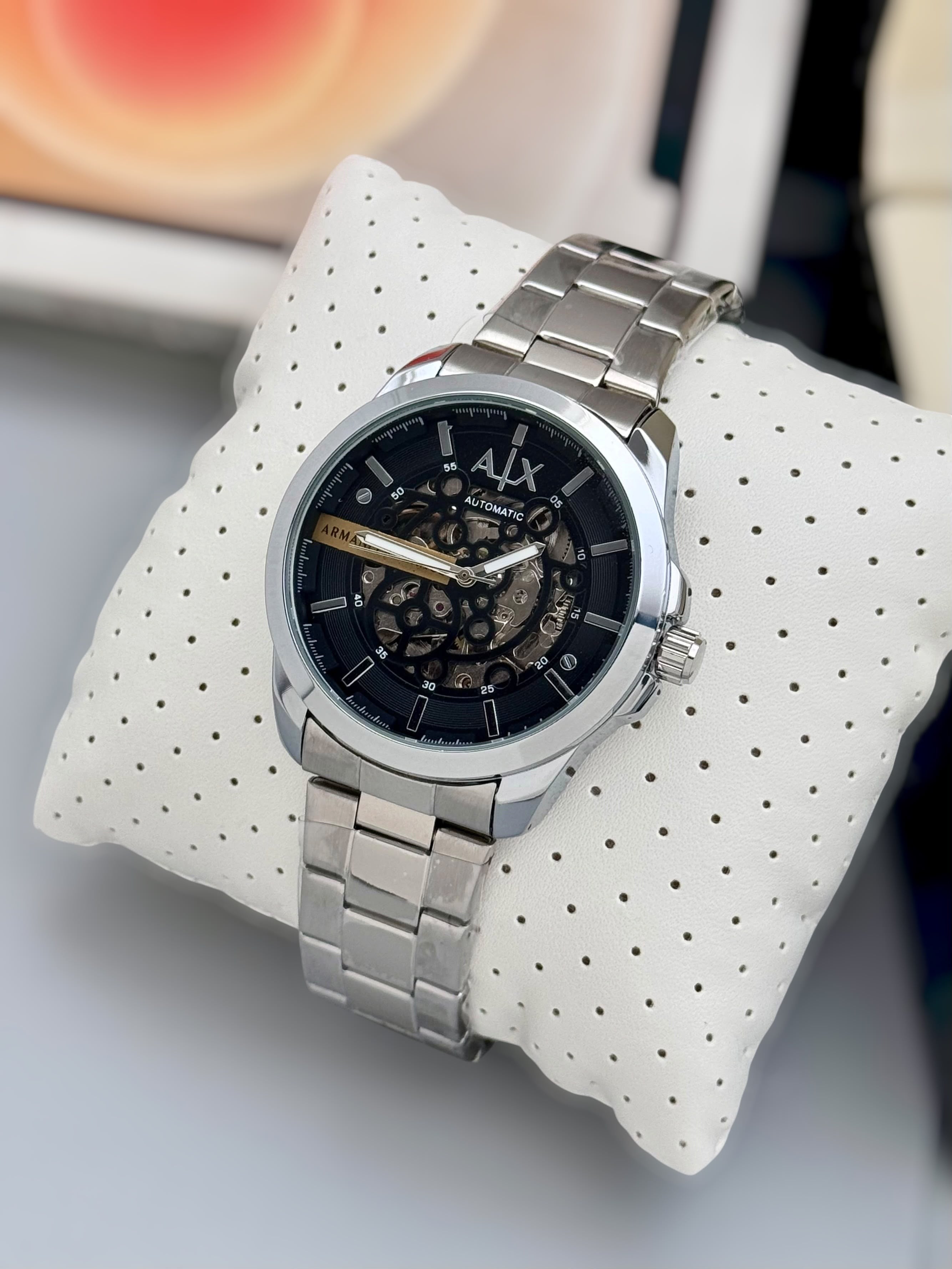 Armani Exchange Black Skeleton Dial Silver Stainless Steel Automatic Watch