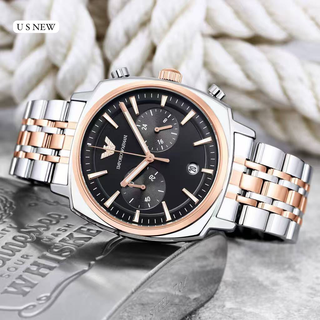 Emporio Armani Black Dial Rose Gold & Silver Two-Tone Stainless Steel Multifunction Analog Watch