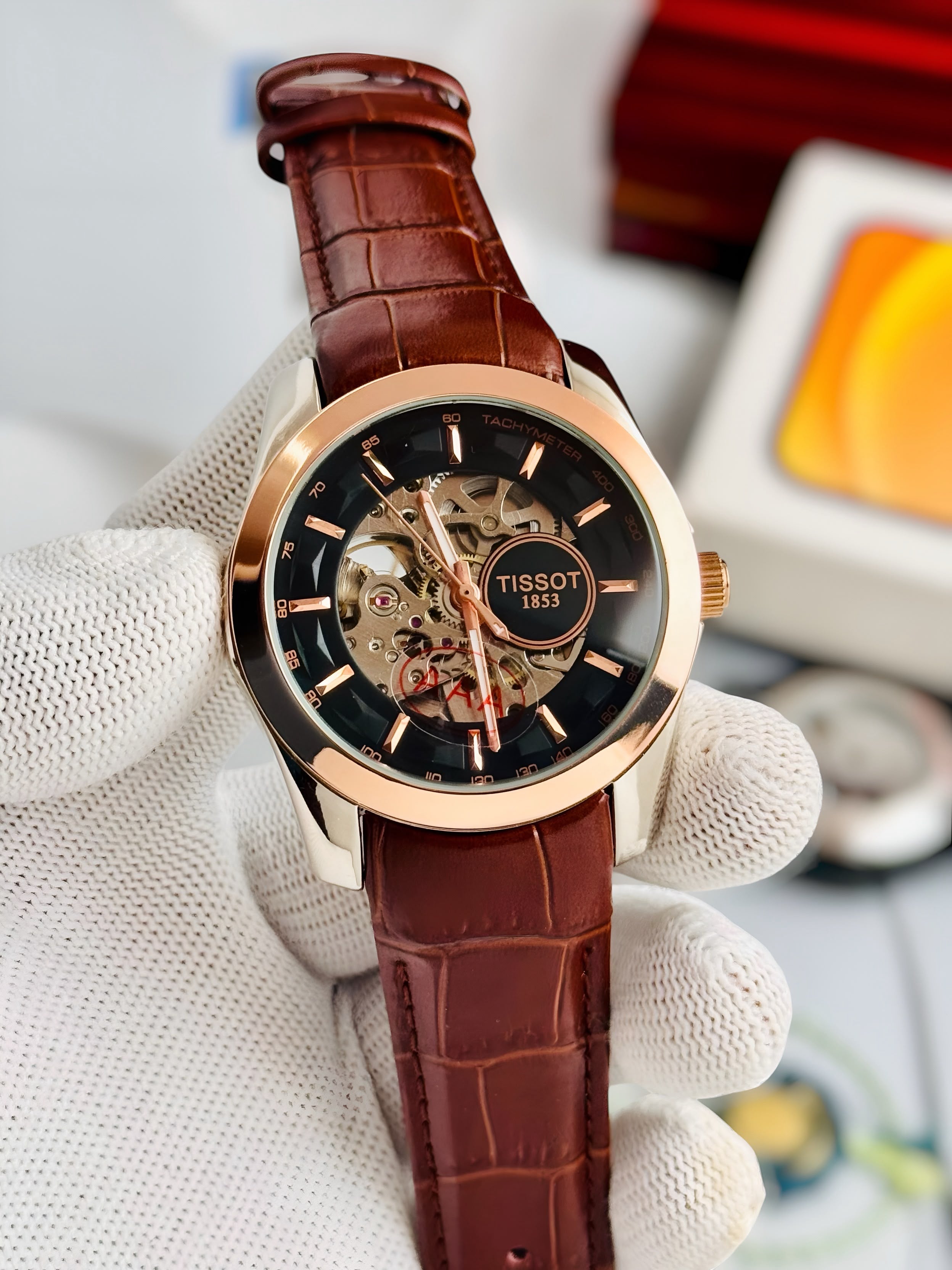 TISSOT 1853 Skeleton Automatic – Black Dial Rose Gold & Brown Leather Watch