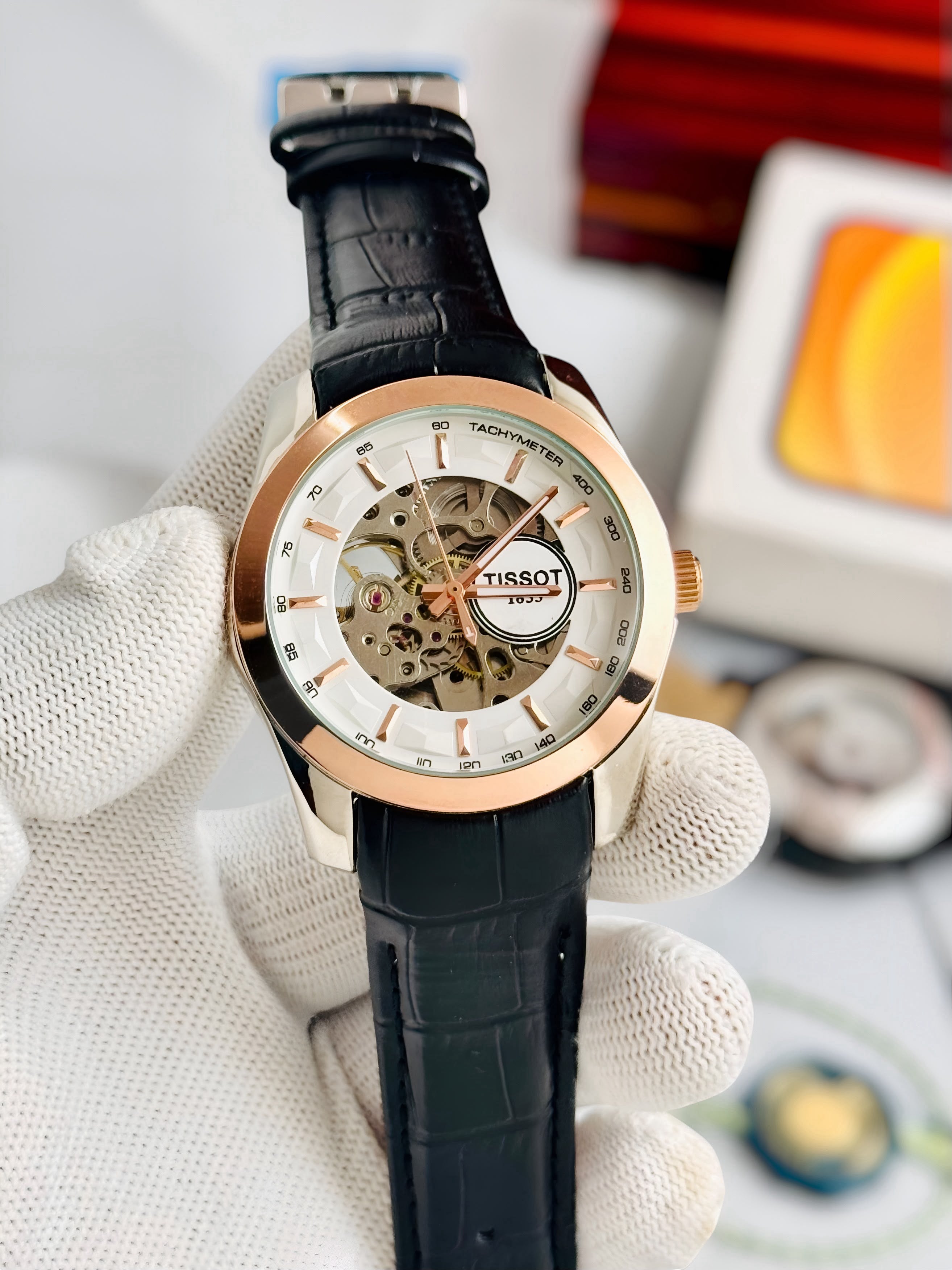 TISSOT 1853 Skeleton Automatic – White Dial Rose Gold & Black Leather Watch