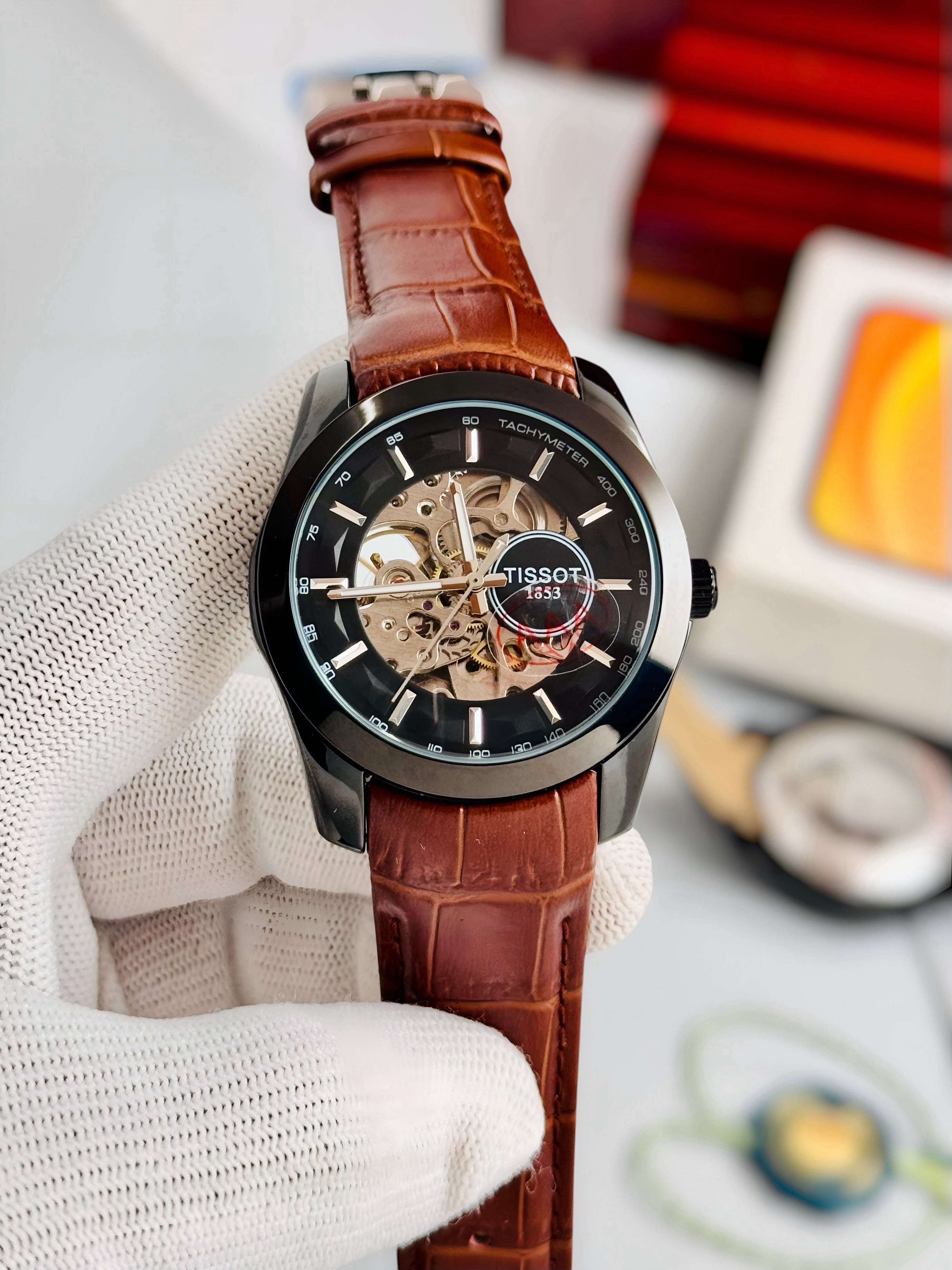 TISSOT 1853 Skeleton Automatic – Black Dial Black Case Brown Leather Watch