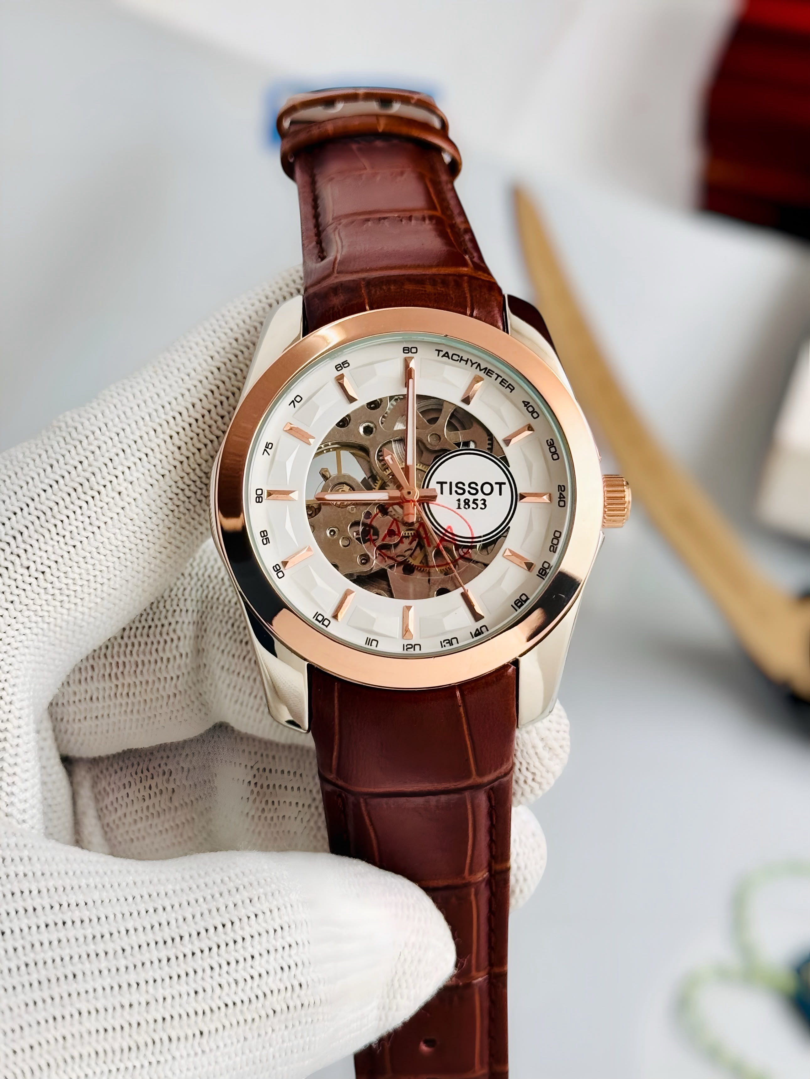 TISSOT 1853 Skeleton Automatic – White Dial Rose Gold & Brown Leather Watch
