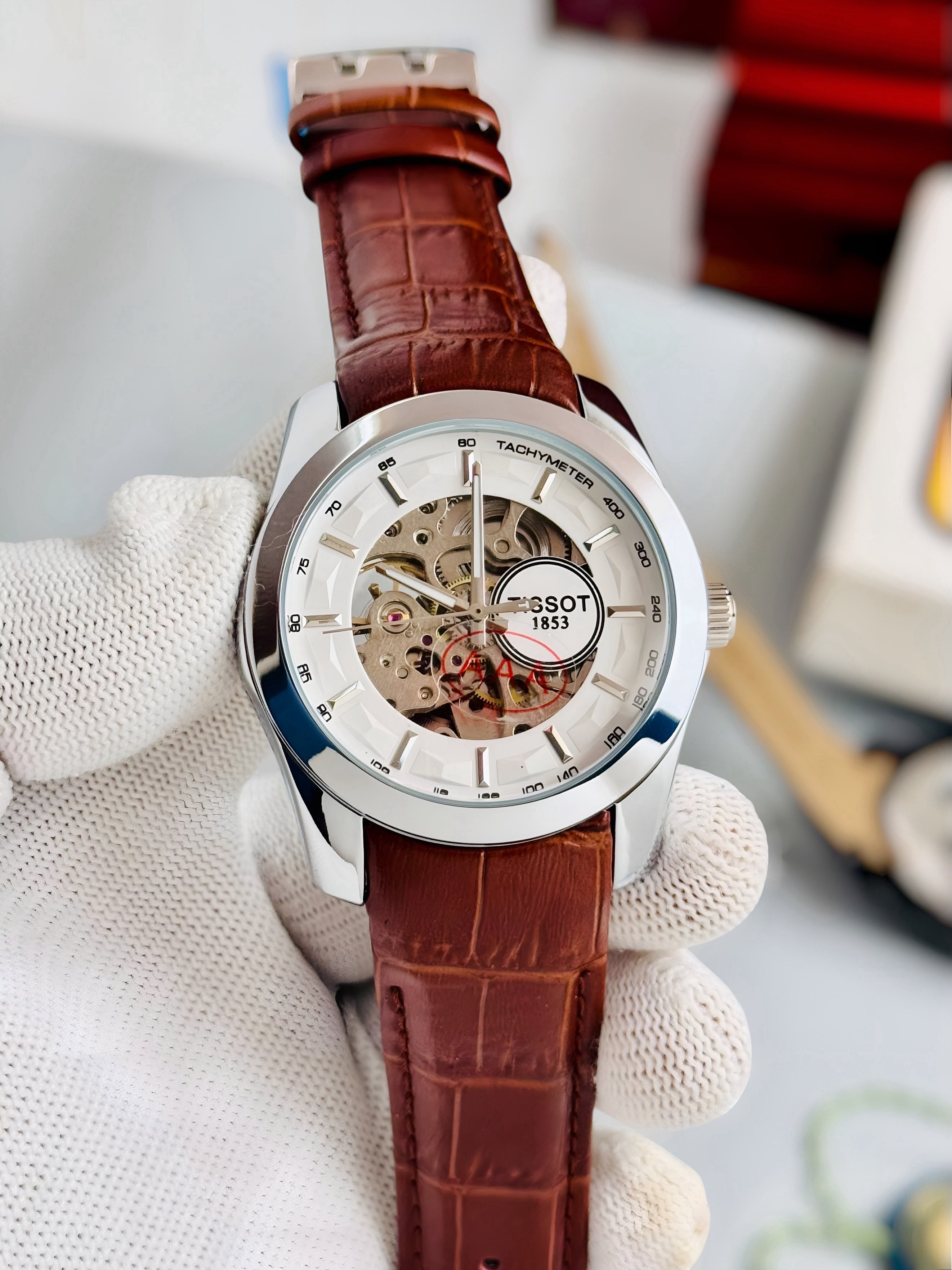 TISSOT 1853 Skeleton Automatic – White Dial Silver Case Brown Leather Watch