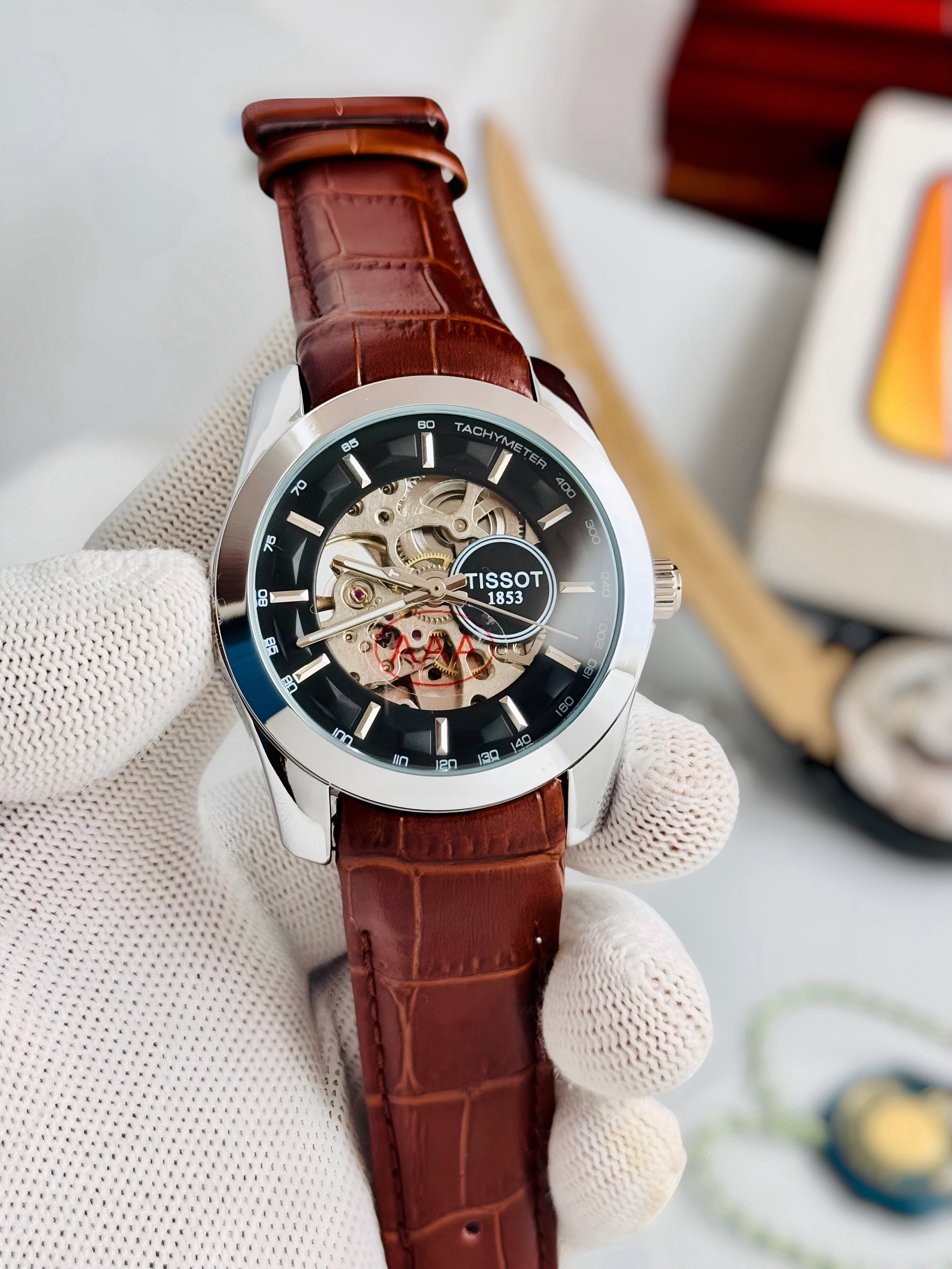 TISSOT 1853 Skeleton Automatic – Black Dial Silver Case Brown Leather Watch