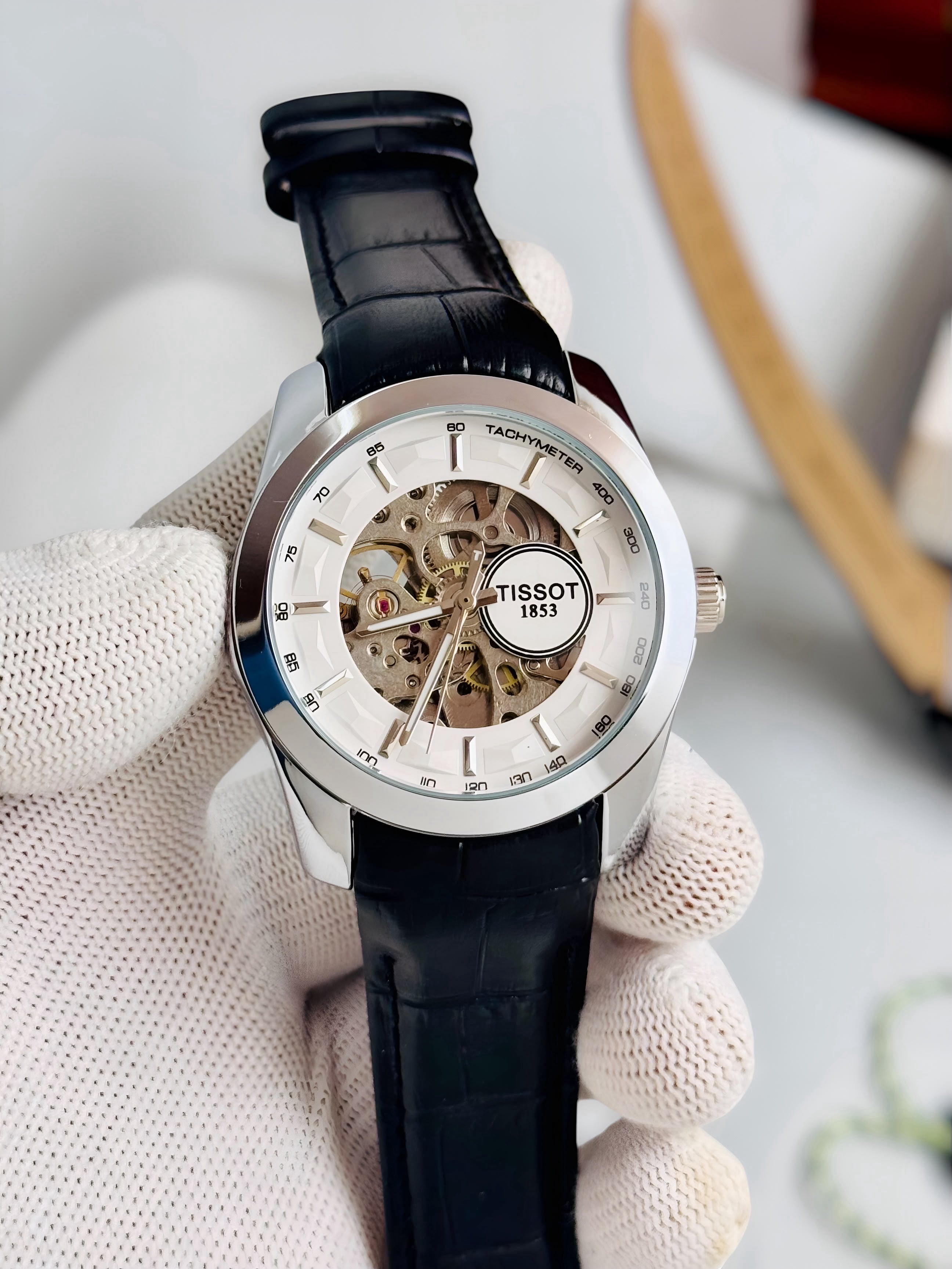 TISSOT 1853 Skeleton Automatic – White Dial Silver Case Black Leather Watch