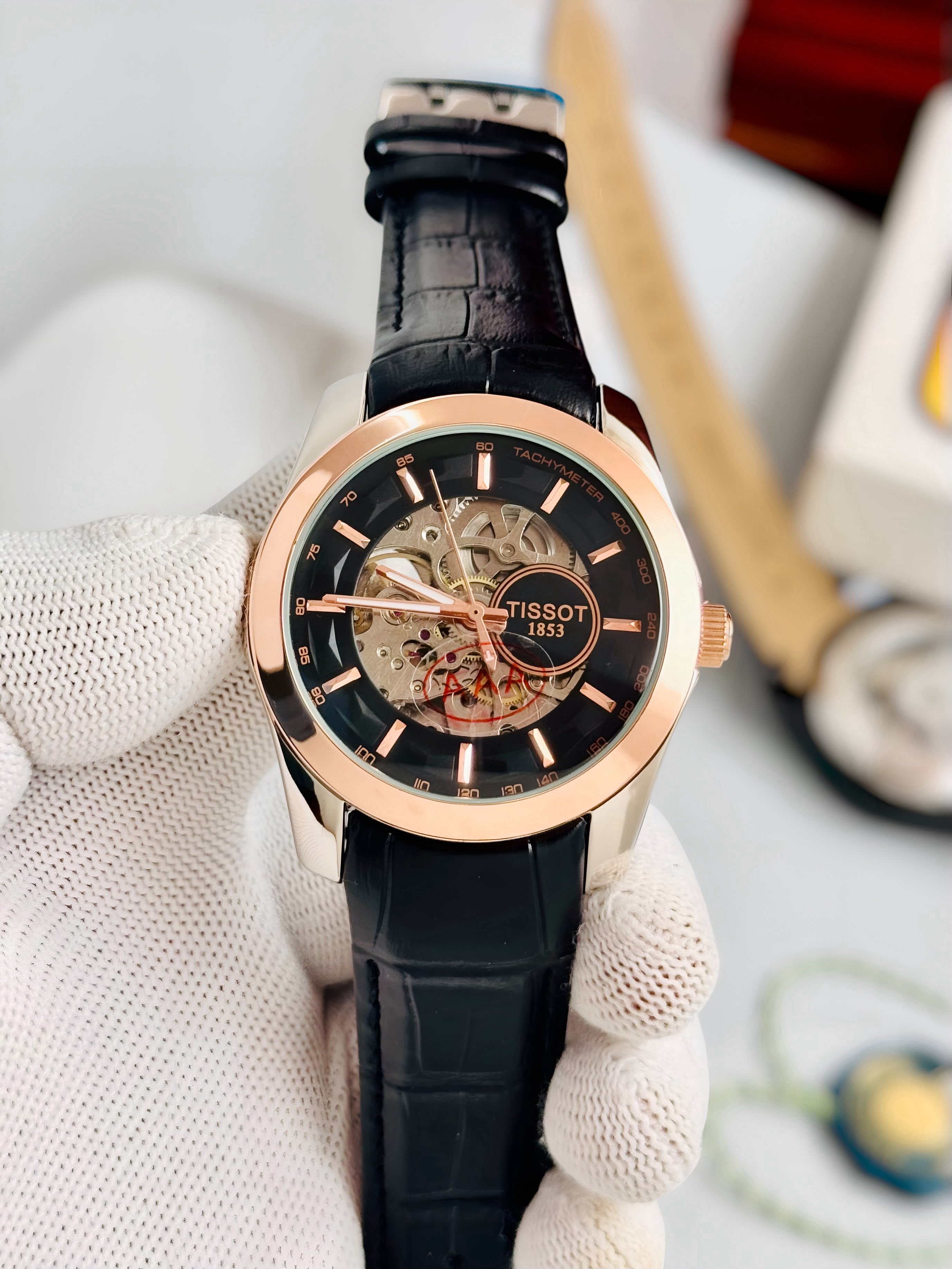 TISSOT 1853 Skeleton Automatic – Black Dial Rose Gold Black Leather Watch