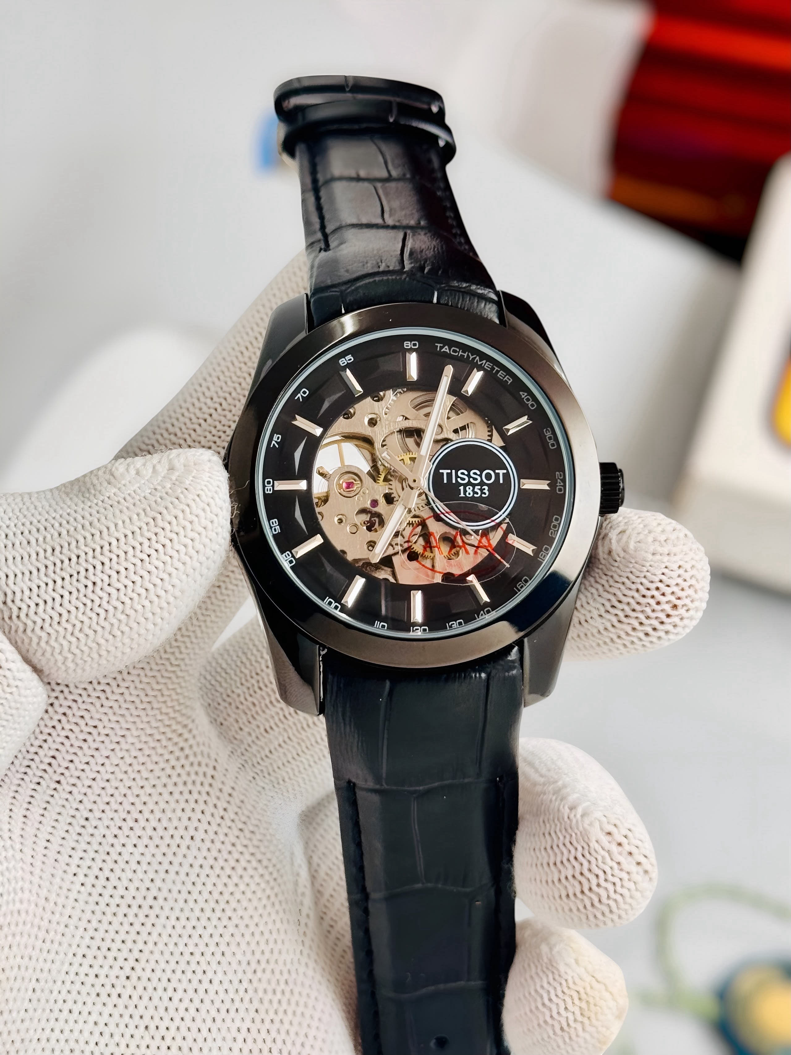 TISSOT 1853 Skeleton Automatic – Black Dial Black Case Black Leather Watch