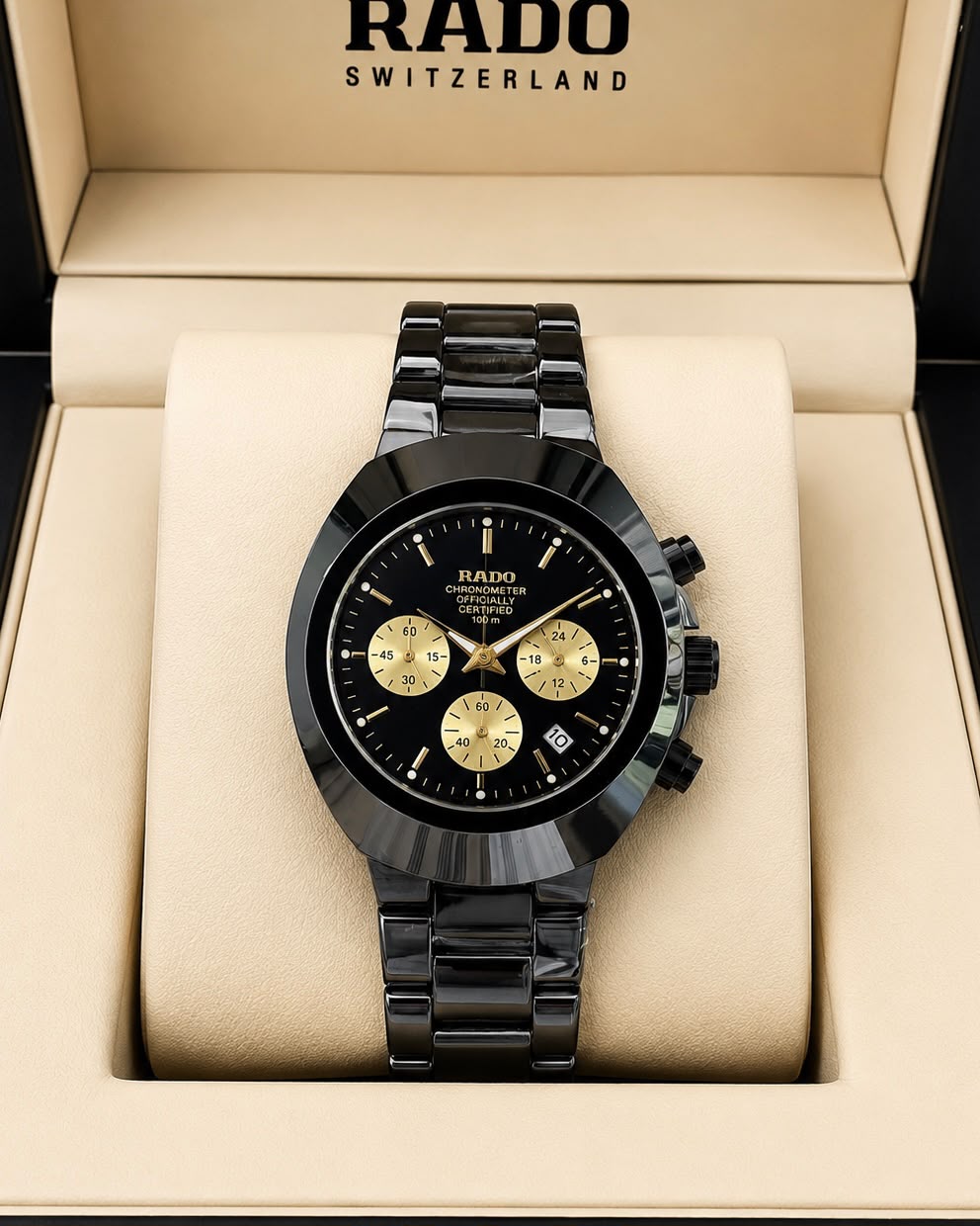 RADO Black Ceramic Chronograph – Gold Accent Dial