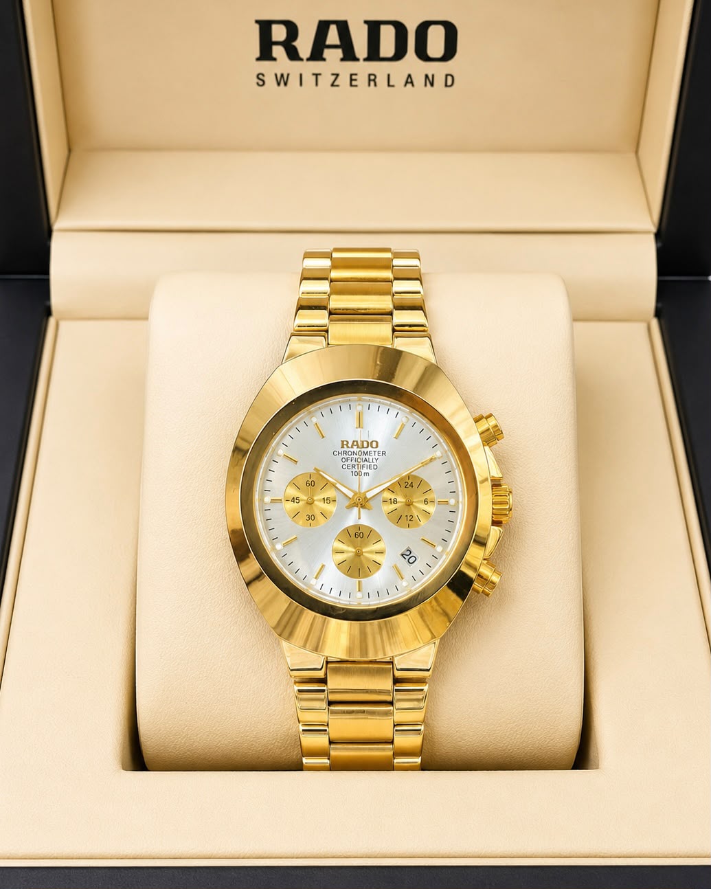 RADO Gold Chronograph – White Dial Luxury Watch
