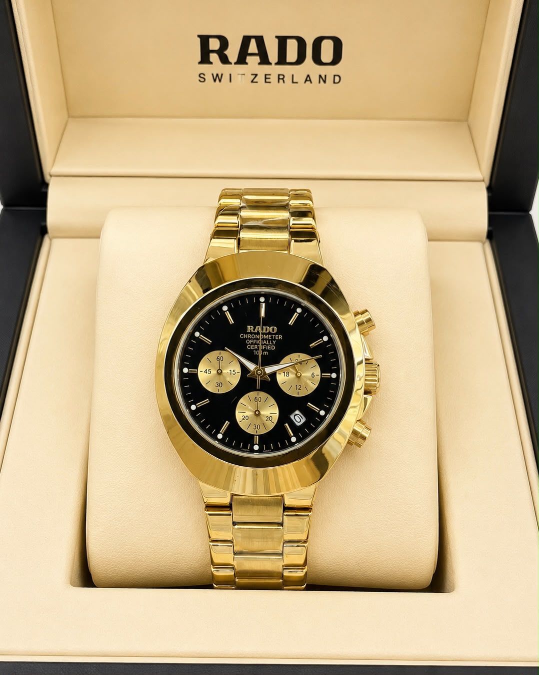 RADO Gold Chronograph – Black Dial Luxury Watch