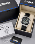 Casio World Time Digital Watch – Silver Case Black Leather Strap