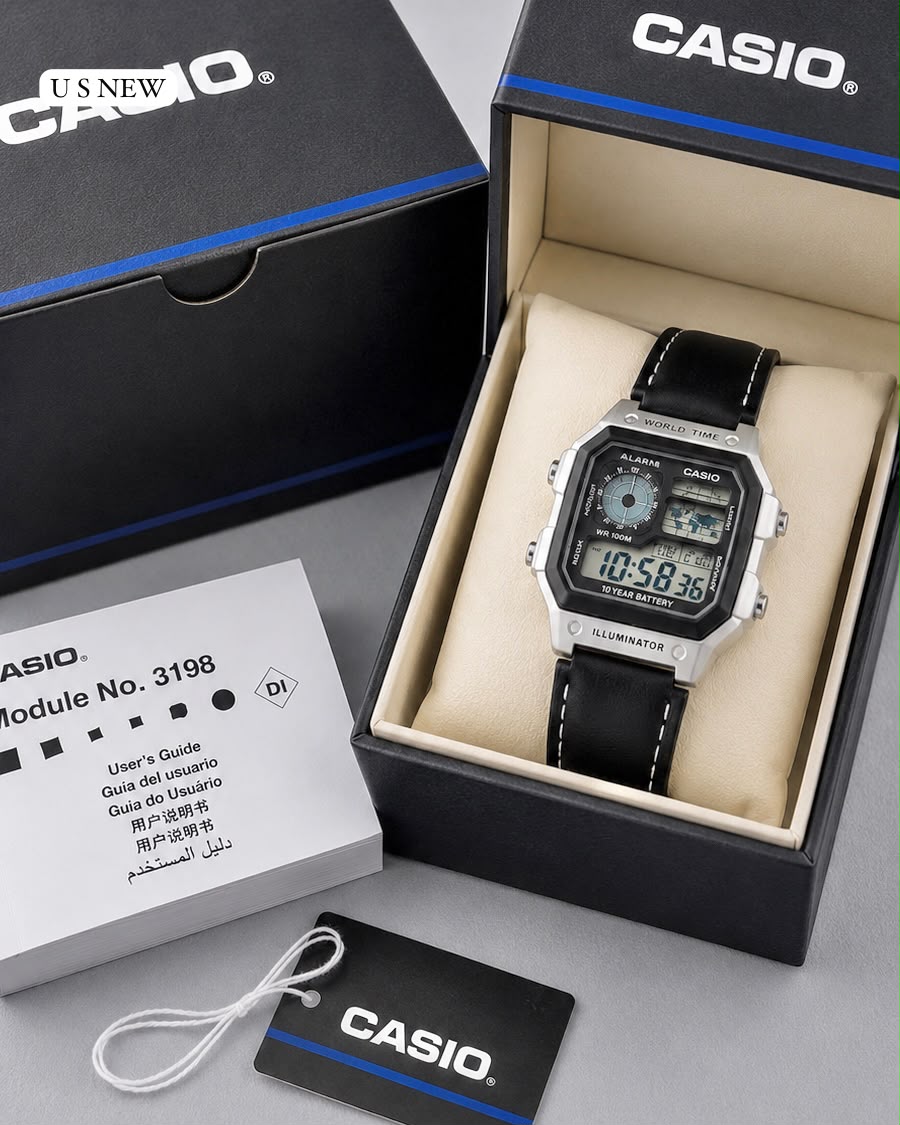 Casio World Time Digital Watch – Silver Case Black Leather Strap