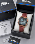Casio World Time Digital Watch – Rose Gold Brown Leather Strap