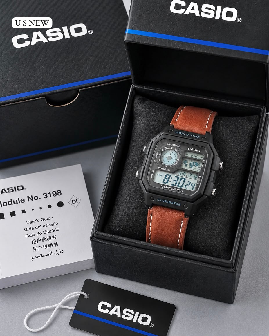 Casio World Time Digital Watch – Black Case Brown Leather Strap