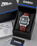 Casio World Time Digital Watch – Silver Case Brown Leather Strap