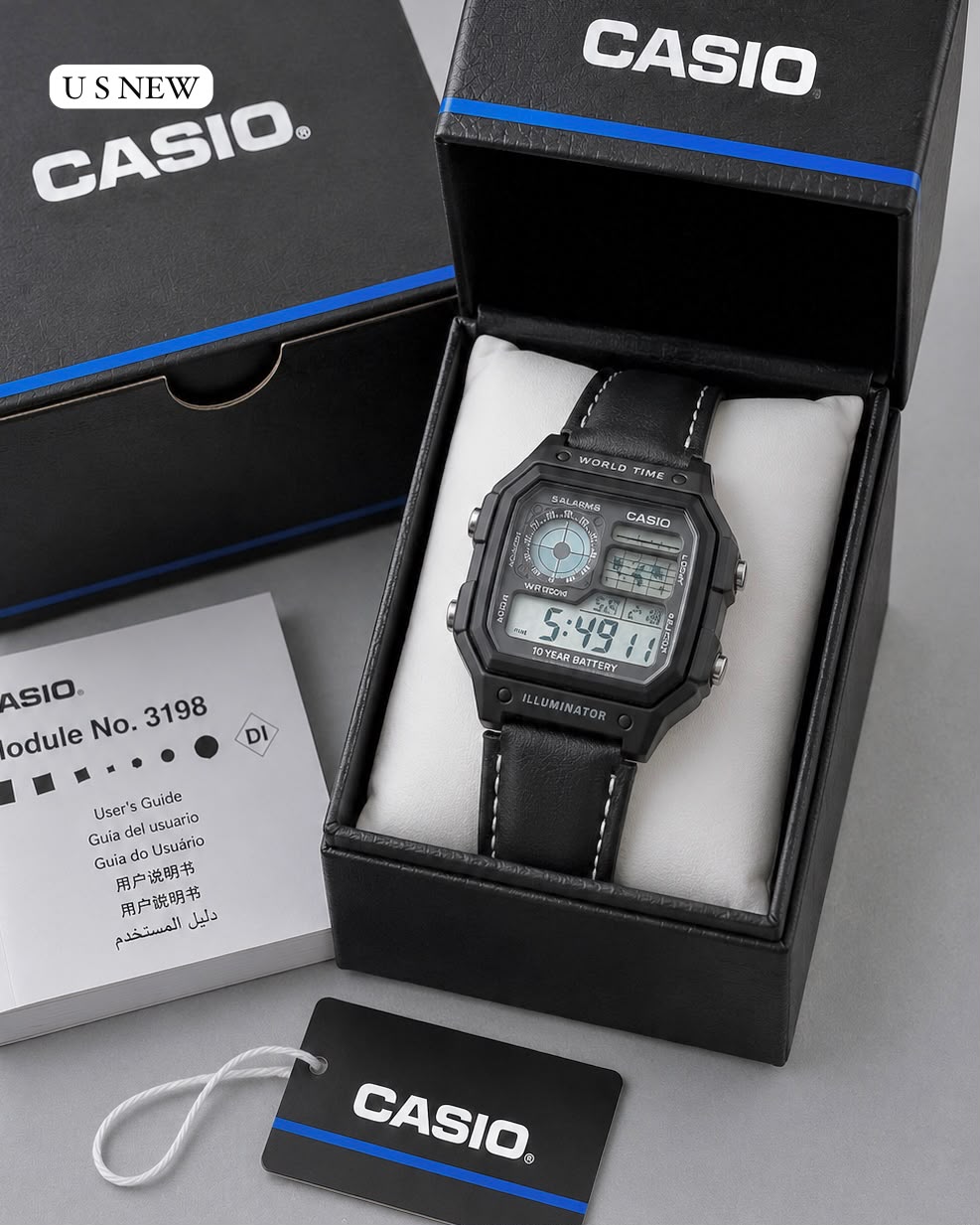 Casio World Time Digital Watch – Black Case Black Leather Strap