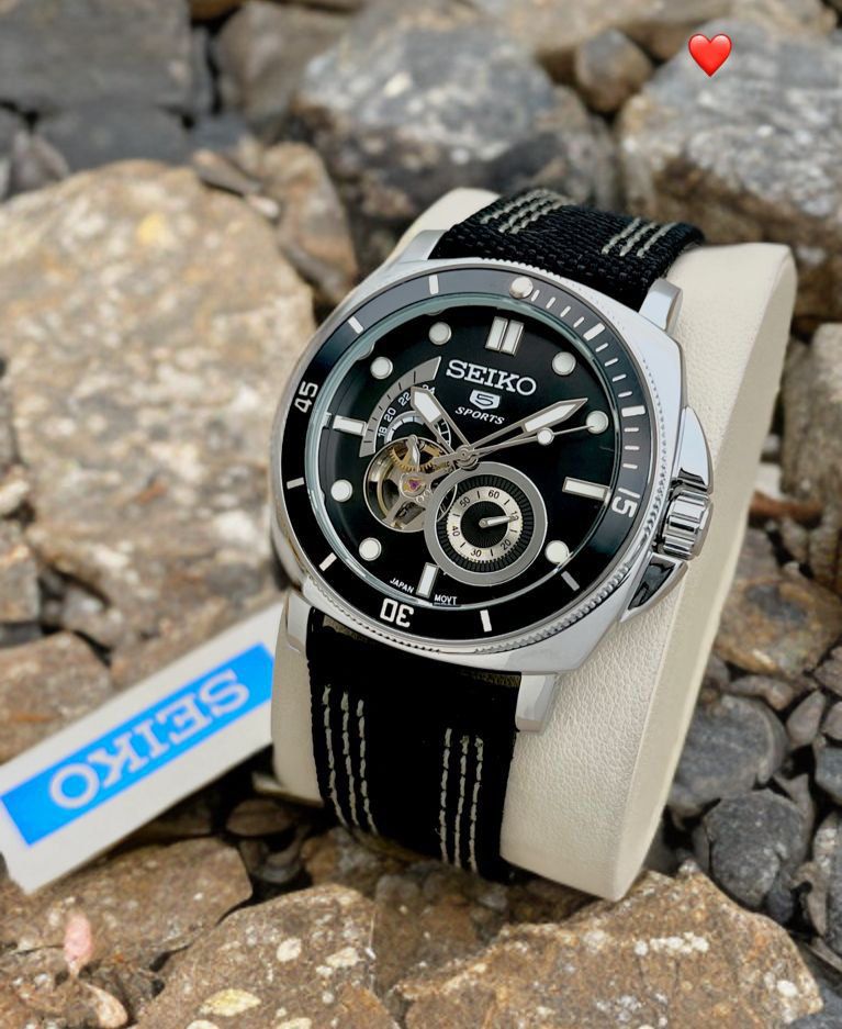 Seiko 5 Sports Black Dial Automatic Open Heart Nylon Strap Watch