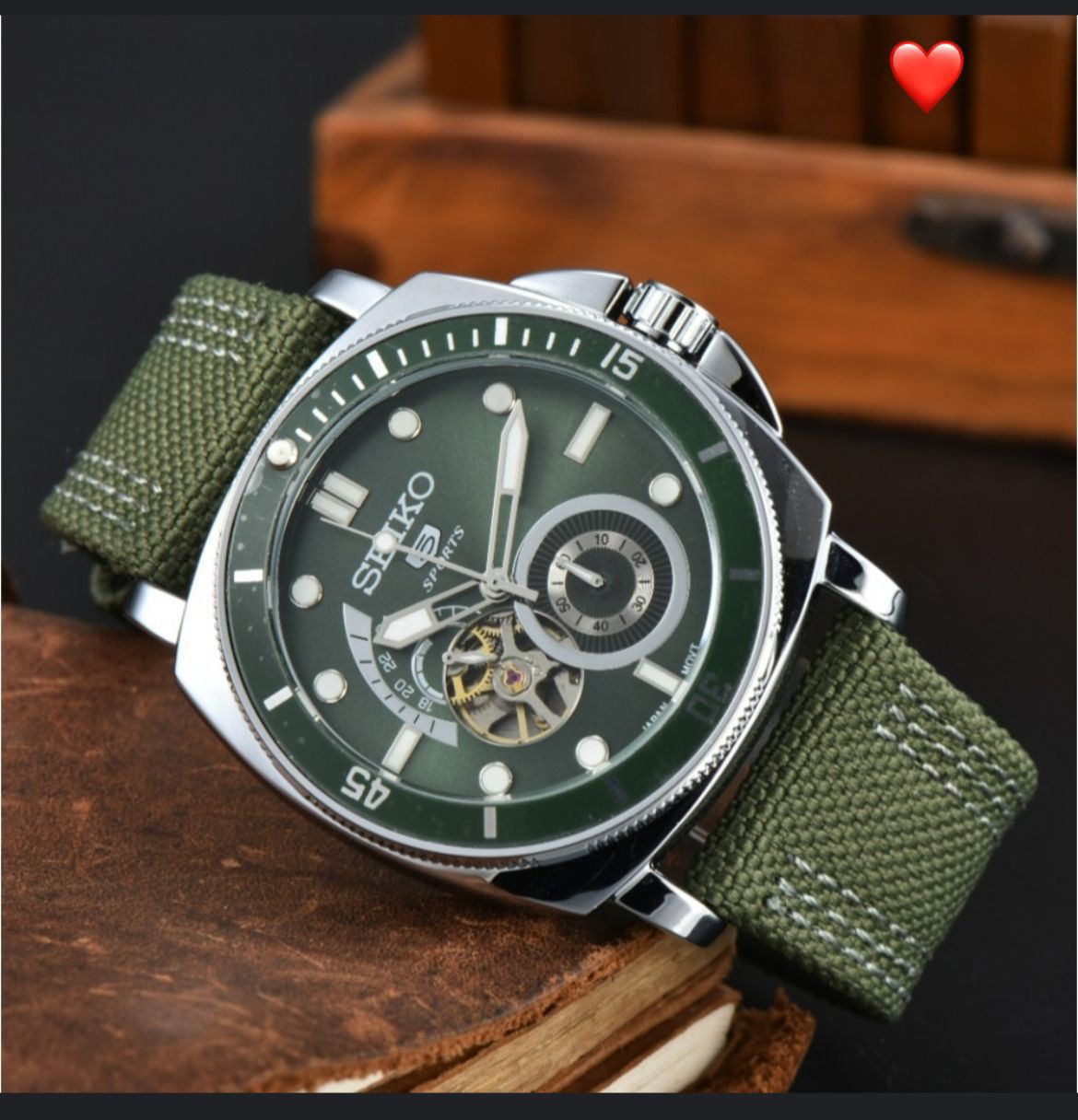 Seiko 5 Sports Green Dial Automatic Open Heart Nylon Strap Watch