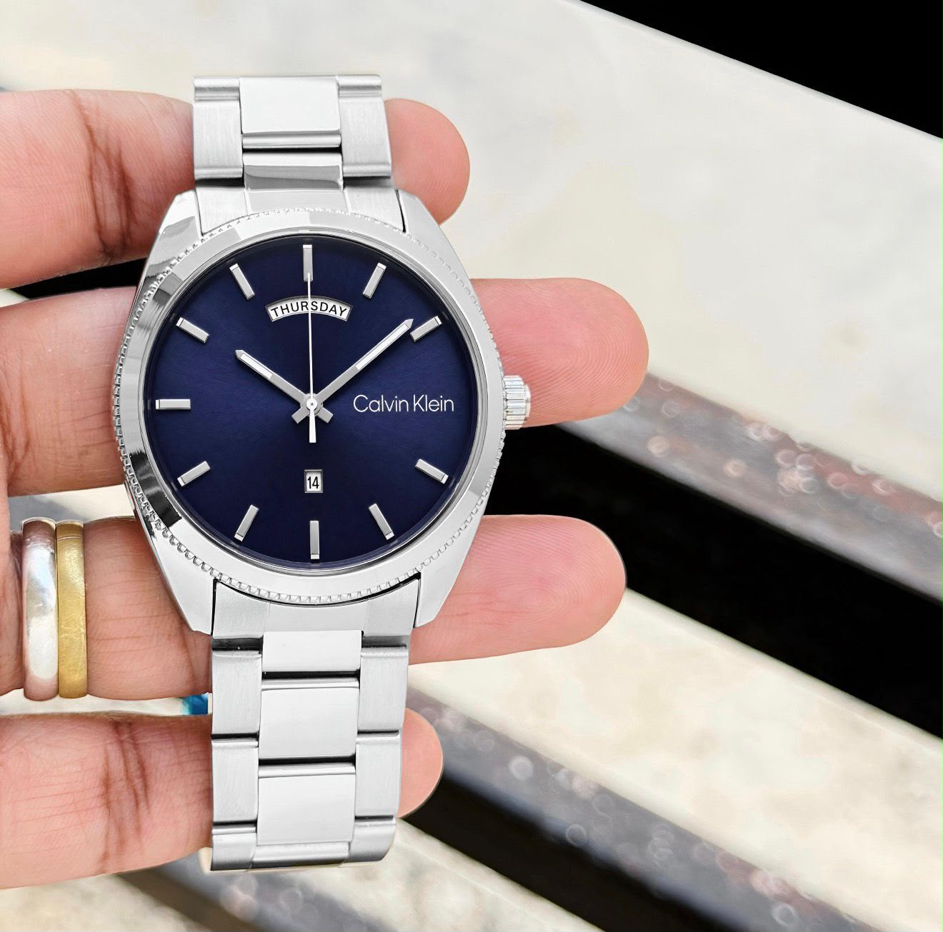Calvin Klein Blue Dial Day-Date Stainless Steel Watch