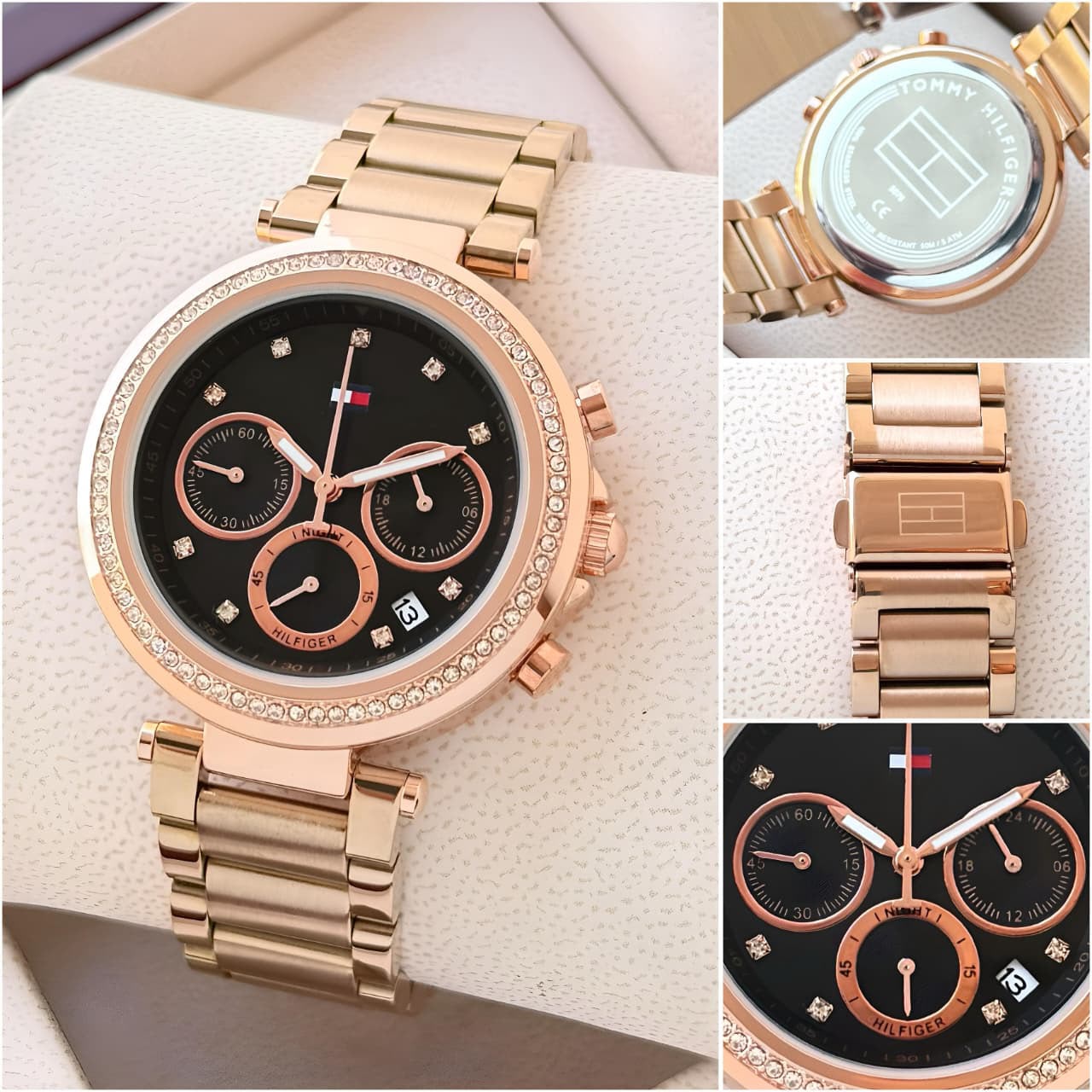 Tommy Hilfiger Rose Gold Black Dial Crystal Watch
